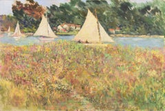 Vintage 'Boats on the Loire', American Impressionism, Putnam, New York, Large French Oil