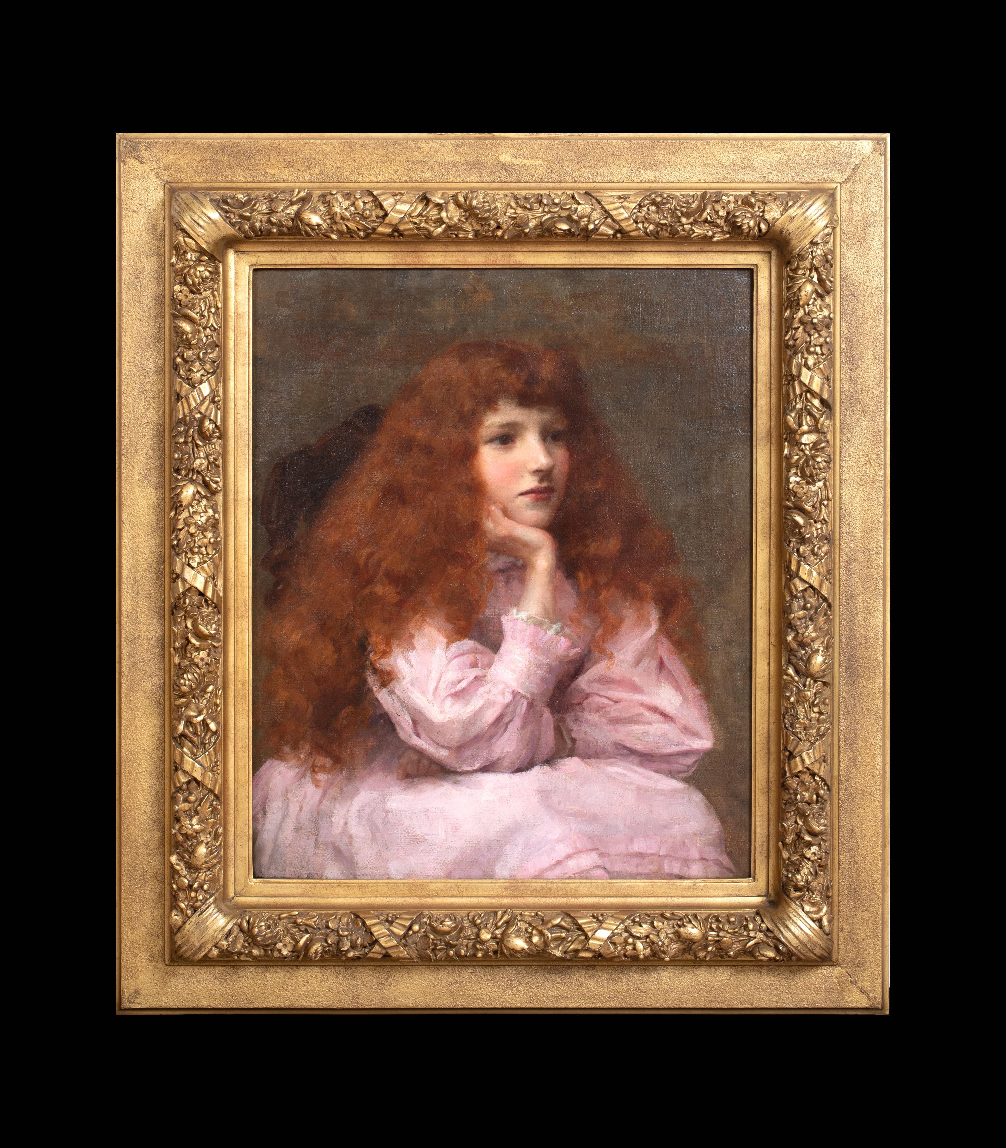 Portrait d'une jeune fille rousse en rose, 19e siècle  George Sheridan KNOWLES - Painting de George Sheridan Knowles