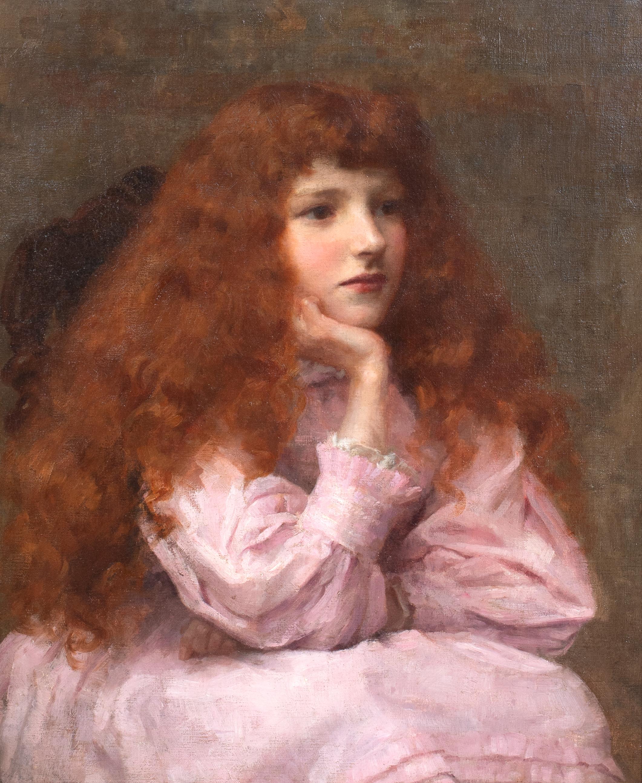 Portrait d'une jeune fille rousse en rose, 19e siècle  George Sheridan KNOWLES - Marron Portrait Painting par George Sheridan Knowles