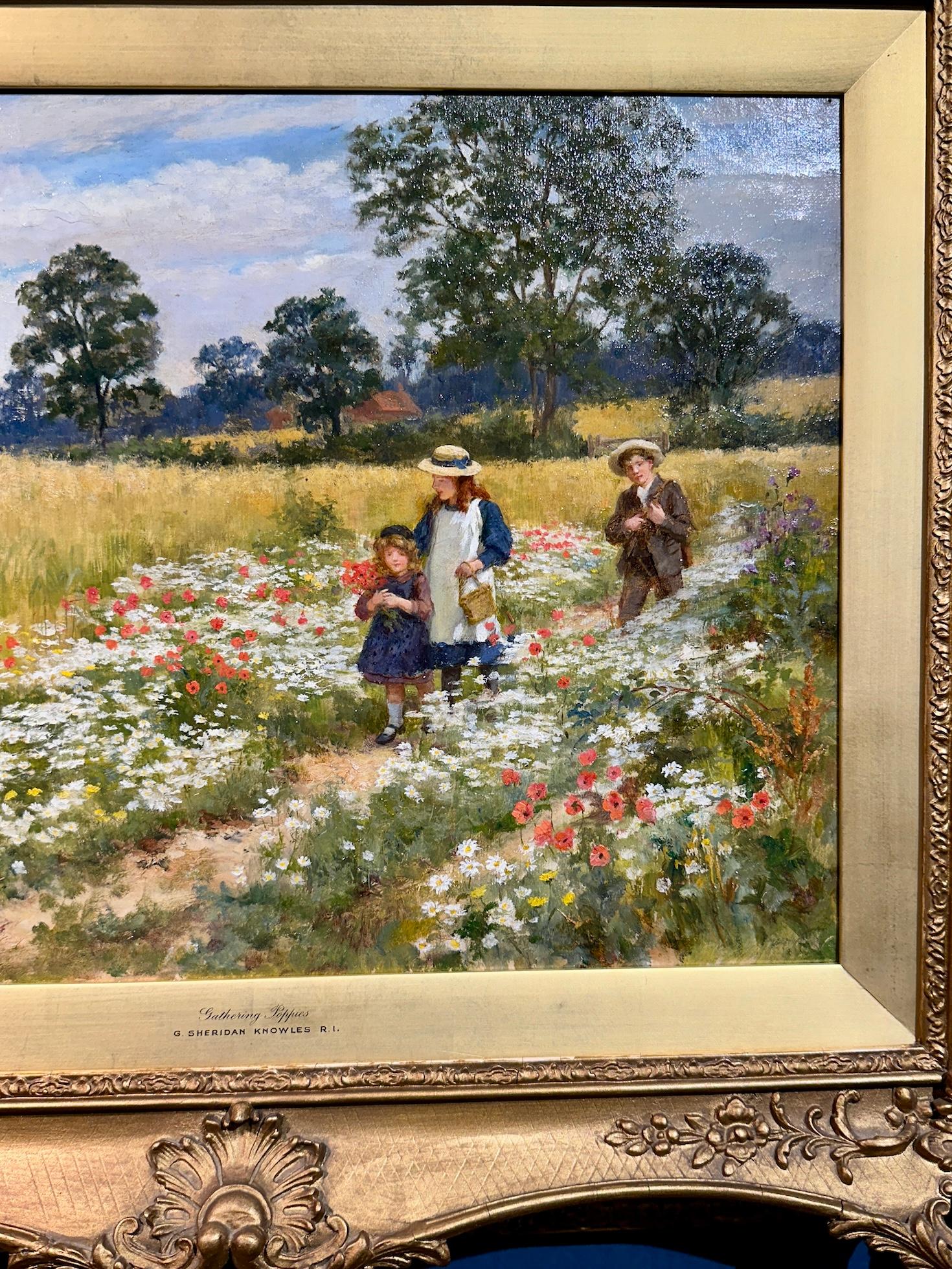 Viktorianische Landschaft des 19. Jahrhunderts Kinder und eine Mutter auf einem Feld mit Mohnblumen – Painting von George Sheridan Knowles