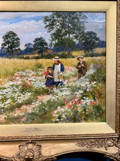 Viktorianische Landschaft des 19. Jahrhunderts Kinder und eine Mutter auf einem Feld mit Mohnblumen