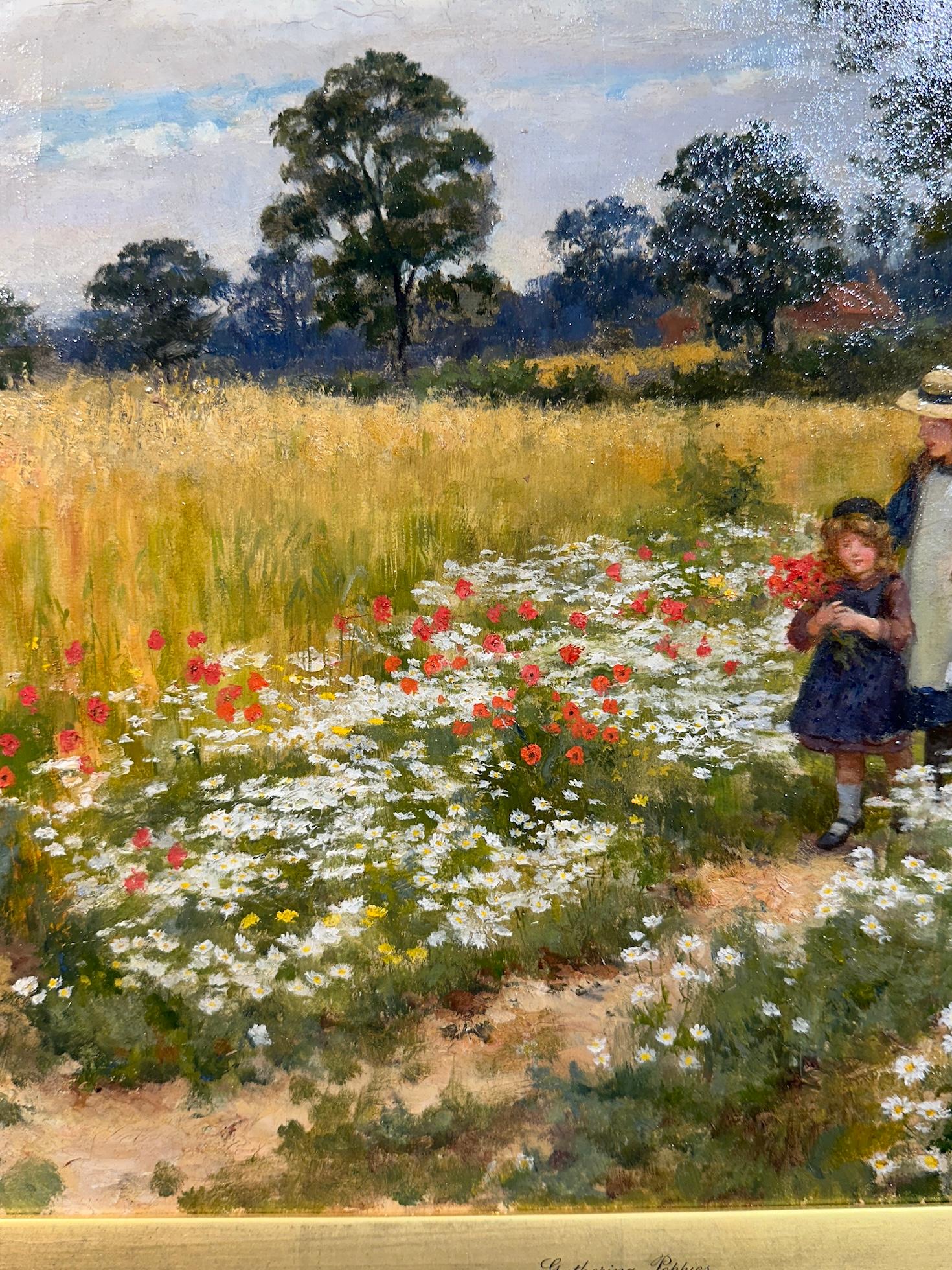 Viktorianische Landschaft des 19. Jahrhunderts Kinder und eine Mutter auf einem Feld mit Mohnblumen 1