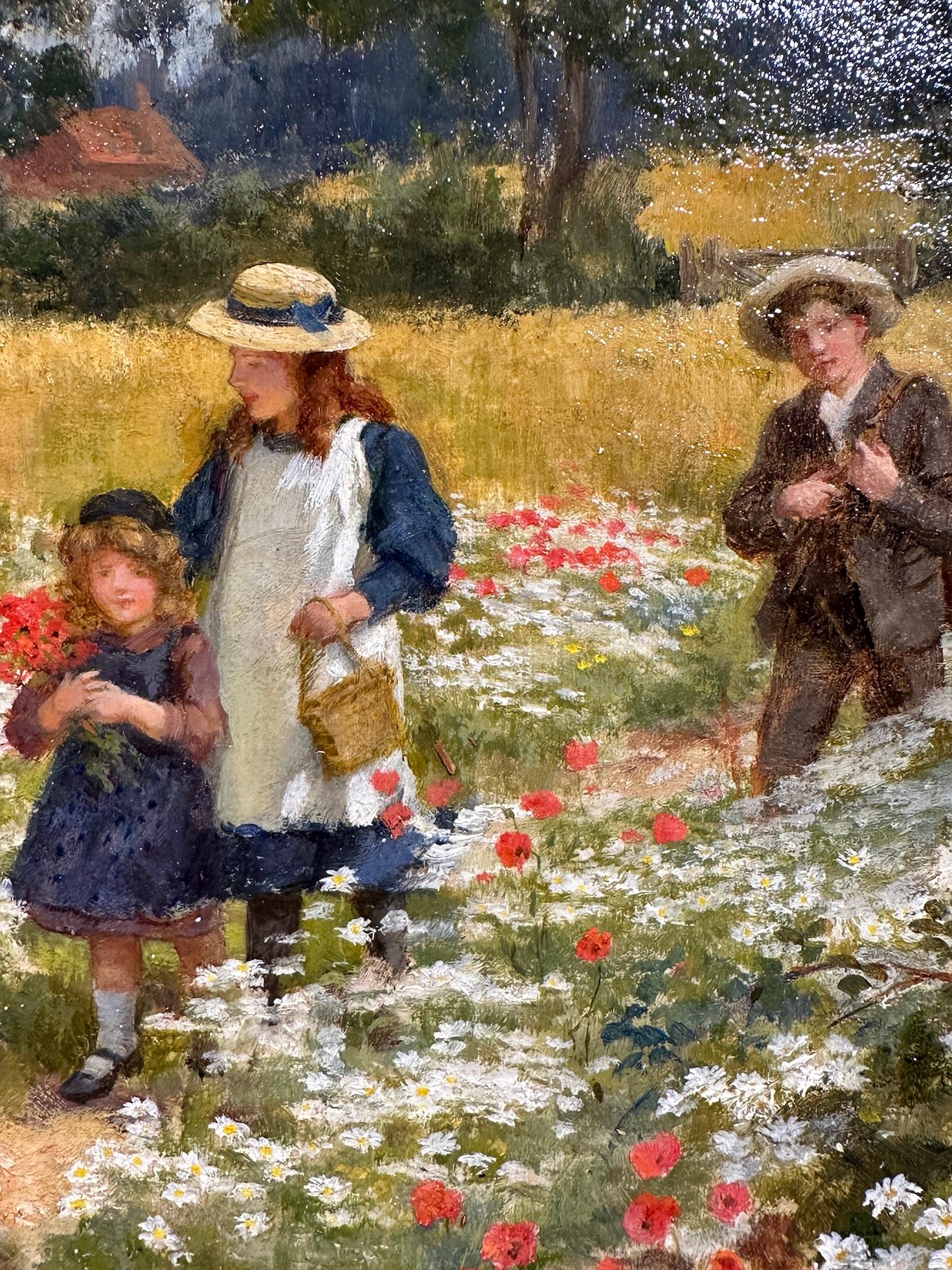 Viktorianische Landschaft des 19. Jahrhunderts Kinder und eine Mutter auf einem Feld mit Mohnblumen 4
