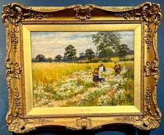 Victorian landscape 19th century Children and a Mother In a field of Poppies