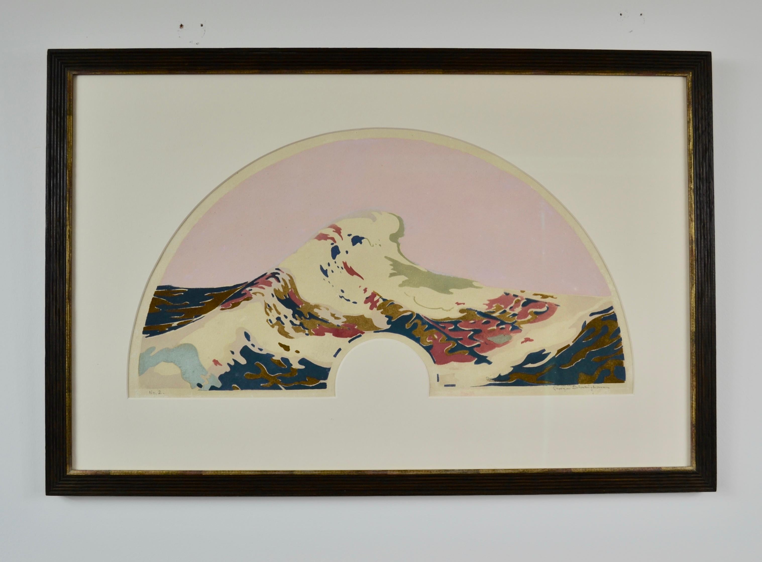 GEORGE SHERINGHAM
 (1884-1937)

The Wave

Signed and numbered 2
Stencil print with 9 plates, designed and cut by the artist, fan shaped

23 by 42 cm., 9 by 16 ½ in.
(frame size 37.5 by 22 cm., 14 ¾ by 8 ¾ in.)

Sheringham was born in London and