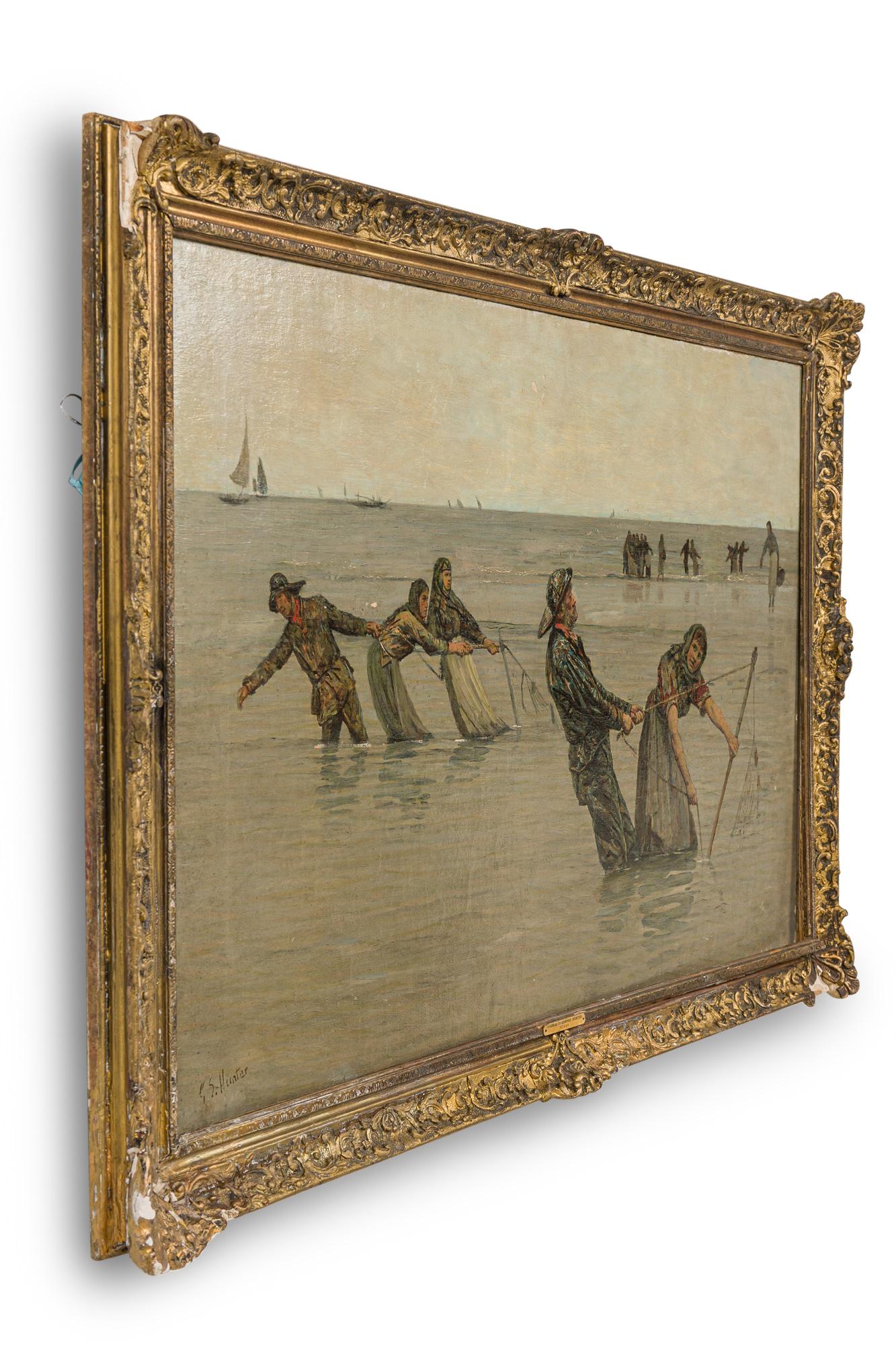 English Impressionist Oil on Canvas of a Fishing Scene in a Classical Gilt Frame, c. 1880 (GEORGE SHERWOOD HUNTER)