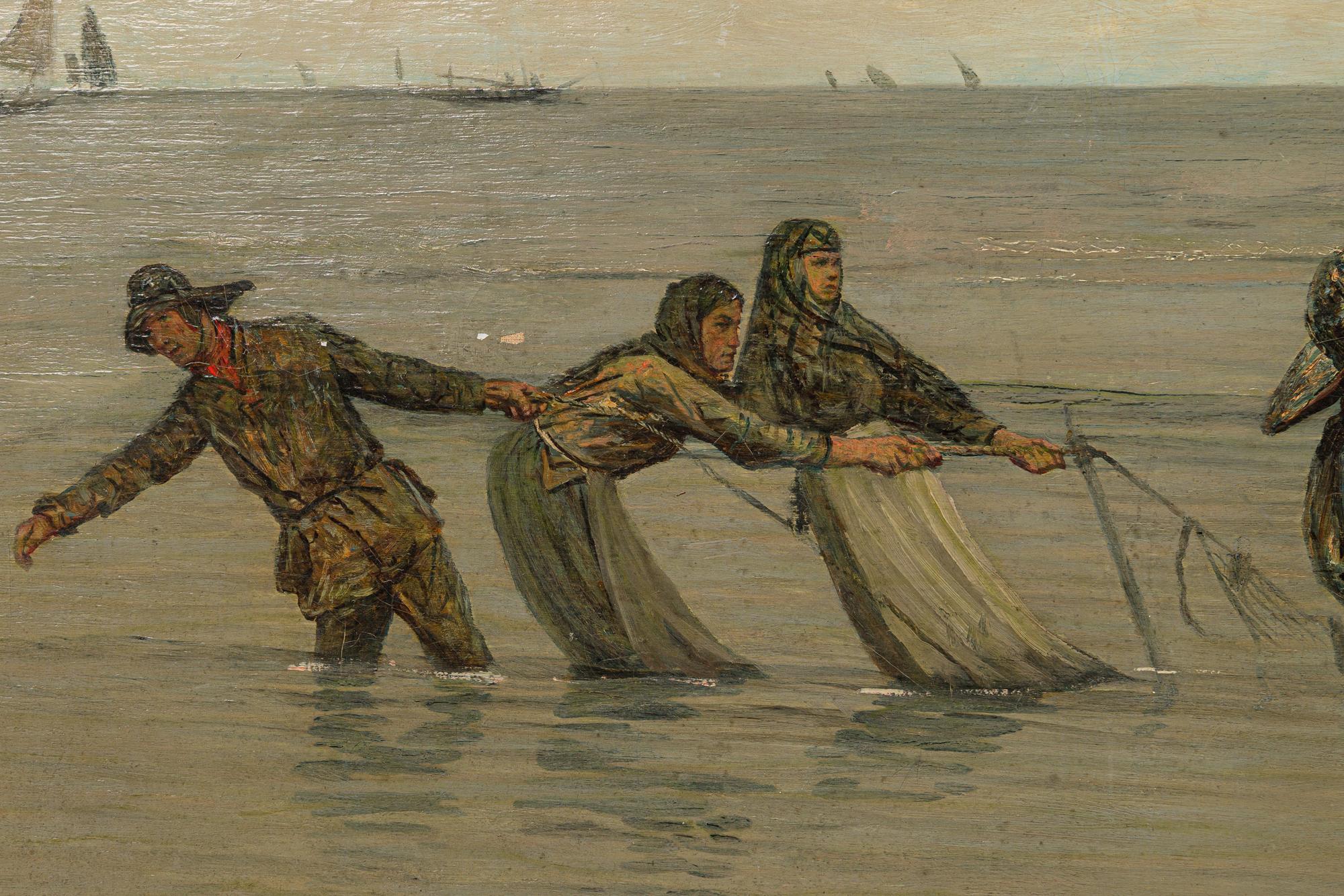 19th Century George Sherwood Hunter English Impressionist Oil on Canvas of a Fishing Scene in For Sale