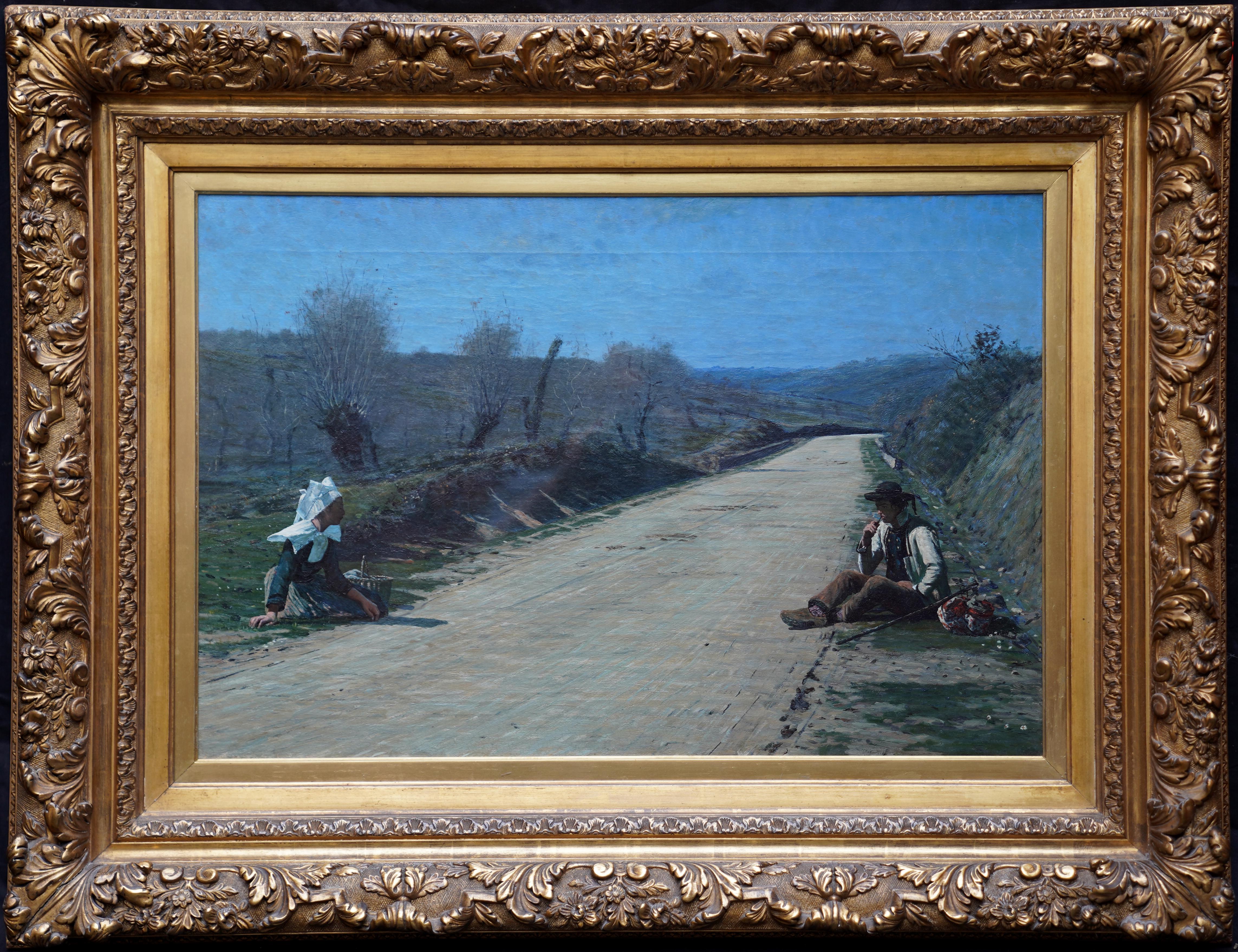 George Sherwood Hunter Landscape Painting – Breton Courtship in Breton  British Exhib Art Porträt-Landschafts-Ölgemälde des 19. Jahrhunderts 