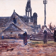 George Sherwood Hunter, scozzese, Bretoni nella piazza di un villaggio, olio su tavola