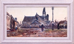 George Sherwood Hunter, scozzese, Bretoni nella piazza di un villaggio, olio su tavola