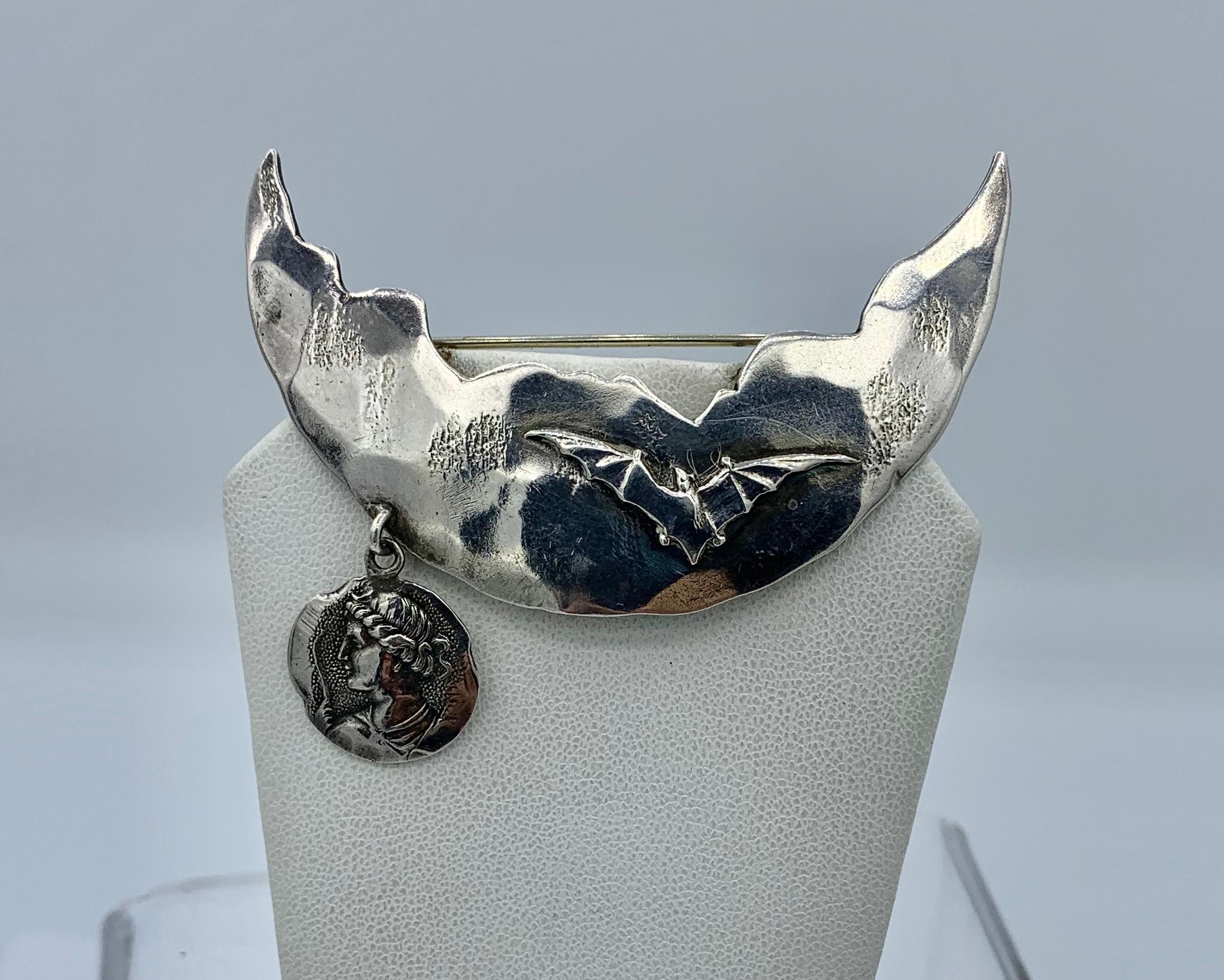 Art Nouveau George Shiebler Bat Moon Brooch Pin Homeric Pendant Sterling Silver For Sale