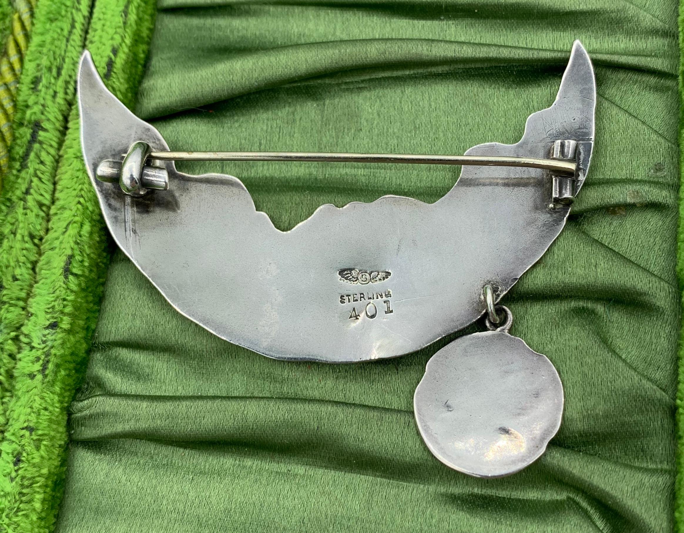 Women's or Men's George Shiebler Bat Moon Brooch Pin Homeric Pendant Sterling Silver For Sale