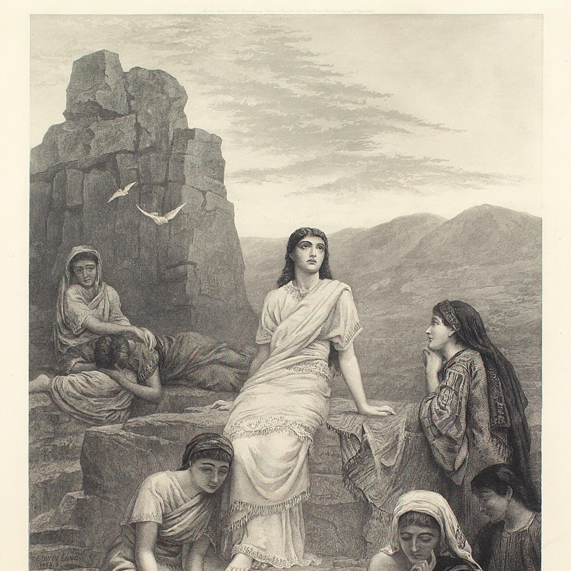 Questa incisione a tecnica mista della fine del XIX secolo di George Sidney Hunt (1856-1917) dopo Edwin Long RA (1829-1891) è una delle tre serie che raffigurano la storia di Jefte nell'Antico Testamento. Qui vediamo la figlia di Iefte che contempla