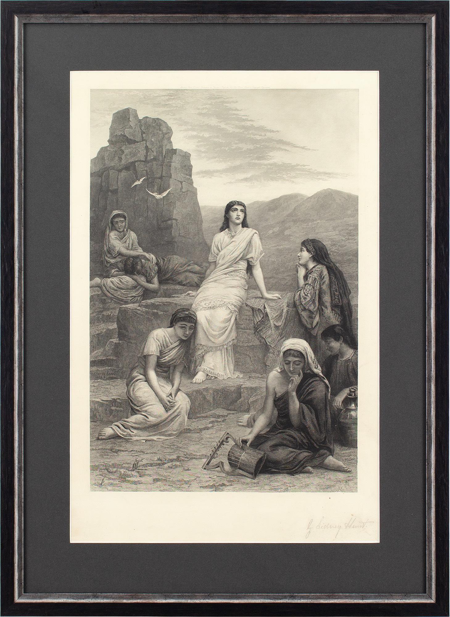 Cette gravure à méthodes mixtes de la fin du XIXe siècle réalisée par George Sidney Hunt (1856-1917) d'après Edwin Long RA (1829-1891) fait partie d'une série de trois gravures représentant l'histoire de Jephté dans l'Ancien Testament. Ici, nous