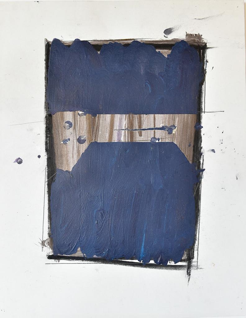 A rectangular form, in deep navy blue, occupies the  center of the pictorial space. The navy blue expanse is cut by a band in earth tones of taupe and brown. This artwork uses acrylics, charcoal, and ink; it is bursting with intensity, some of which