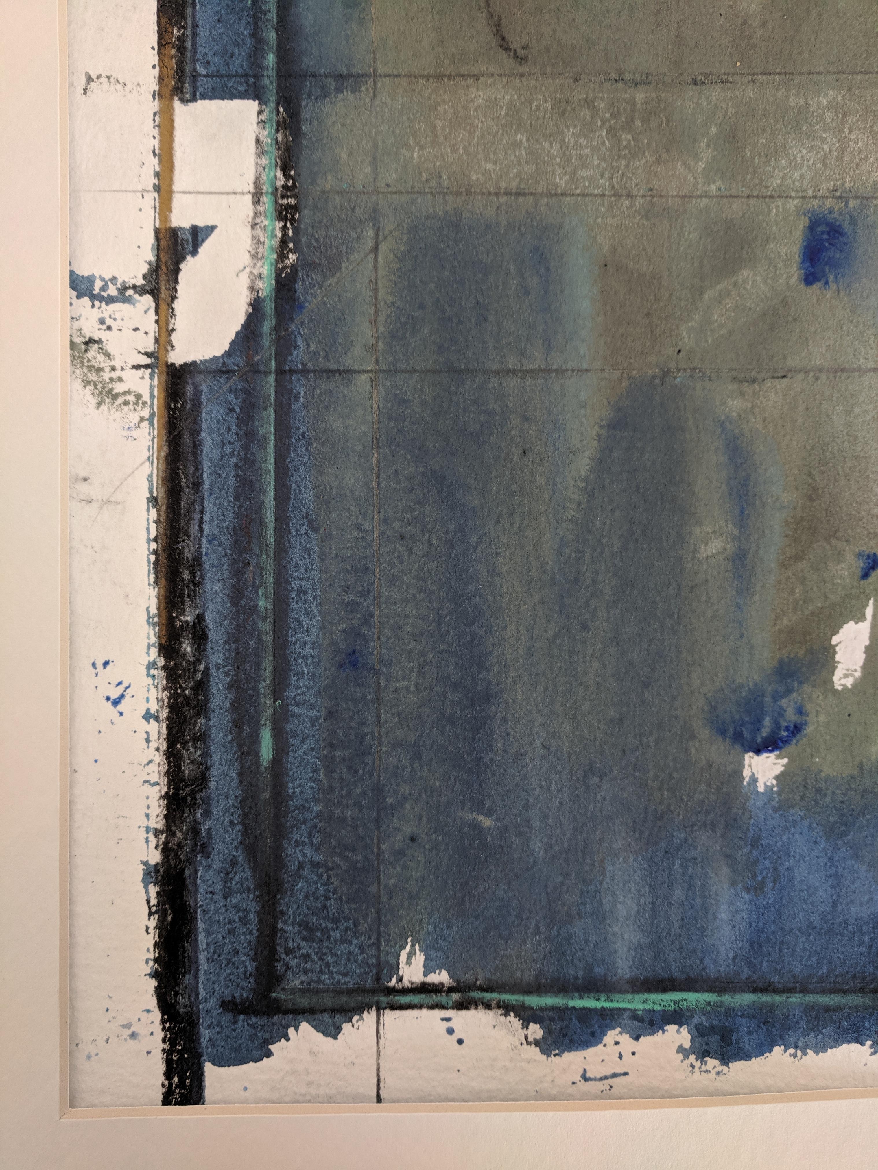 This abstract painting exemplifies the concept of using stains to achieve color. By employing mostly watercolors in blues and grays, the artist achieves depth and movement. The piece is signed  on the back and sold unframed.

George Simmons is an