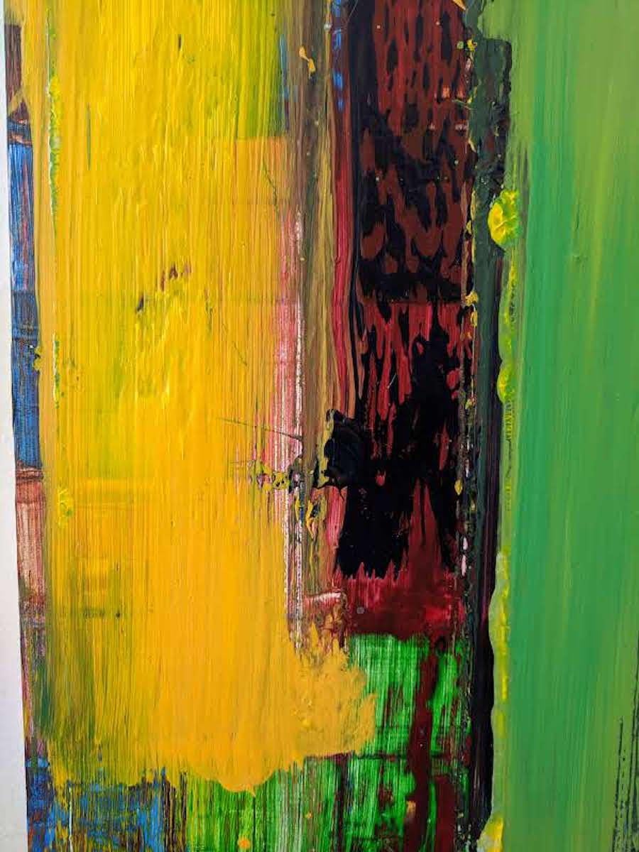 Cette œuvre présente des coups de pinceau uniques de différentes couleurs vives. Le jaune verge d'or, le vert pomme éclatant, le noir profond et le cramoisi alizarine s'unissent pour créer une symphonie d'expression intentionnelle. Les coups de