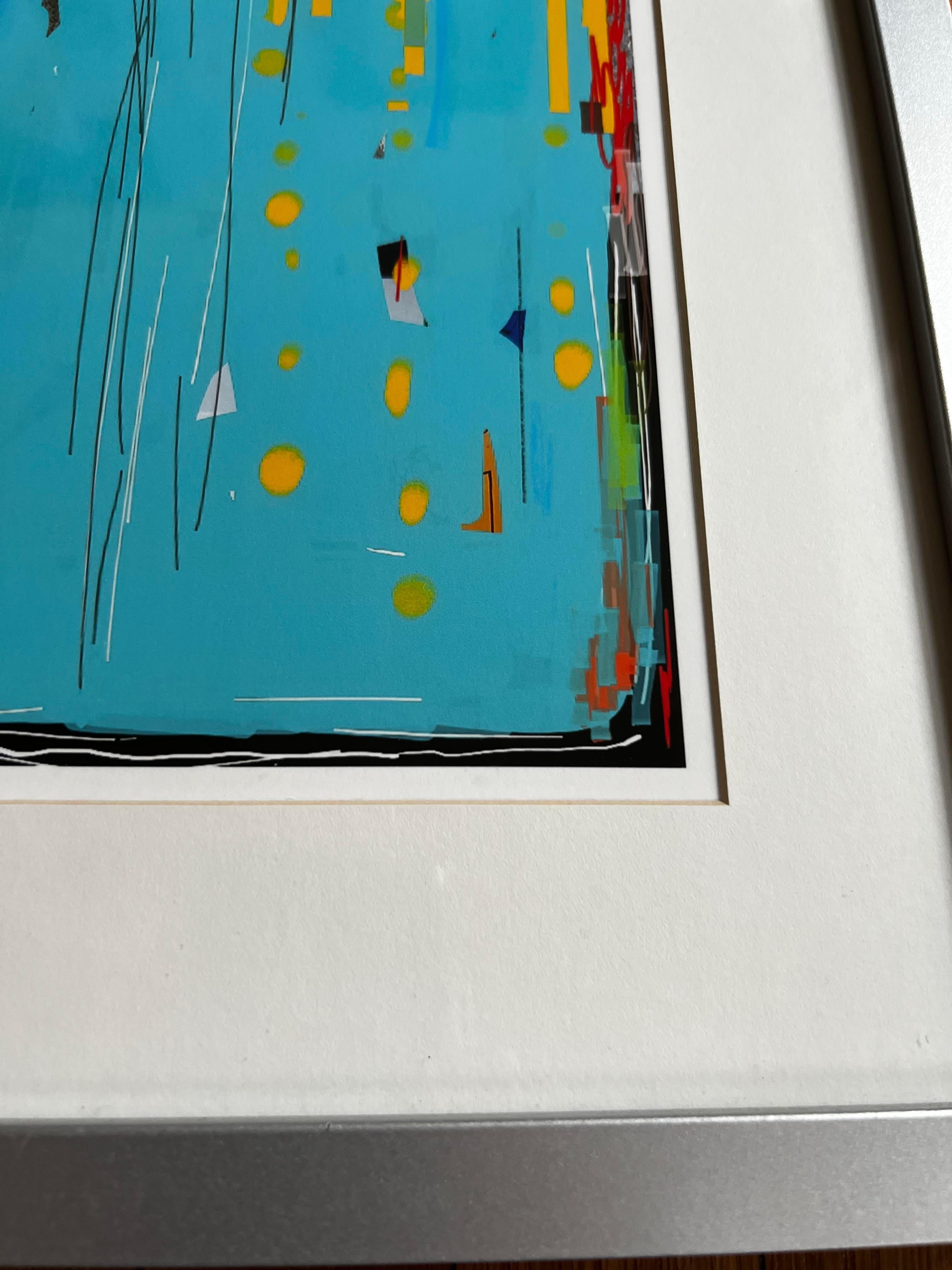 Questo disegno digitale è stampato con inchiostro d'archivio su carta fotografica. Questo pezzo astratto è principalmente ciano, incorniciato da rosso cadmio e nero. Al centro ci sono accenni di giallo dorato. Il disegno ha un senso di verticalità.