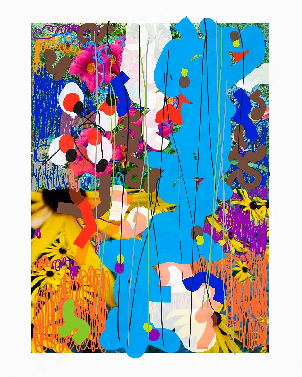 This abstract digital drawing is an explosion of color, line, and form. Images of yellow flowers are in the bottom half of the image give a sense of blooming personality. The symphony of cyan blue, earthy browns, and scarlets complement the swirly