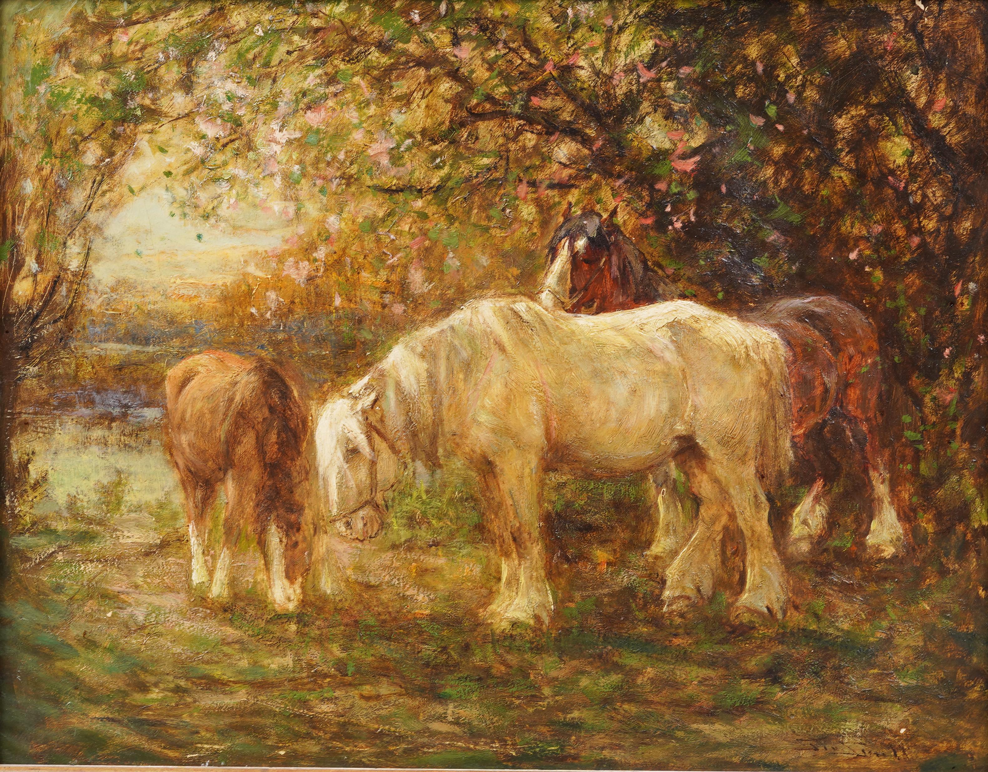 Antikes englisches gerahmtes Ölgemälde mit Wildpferd, Grazing, 19. Jahrhundert, Landschaft (Impressionismus), Painting, von George Smith