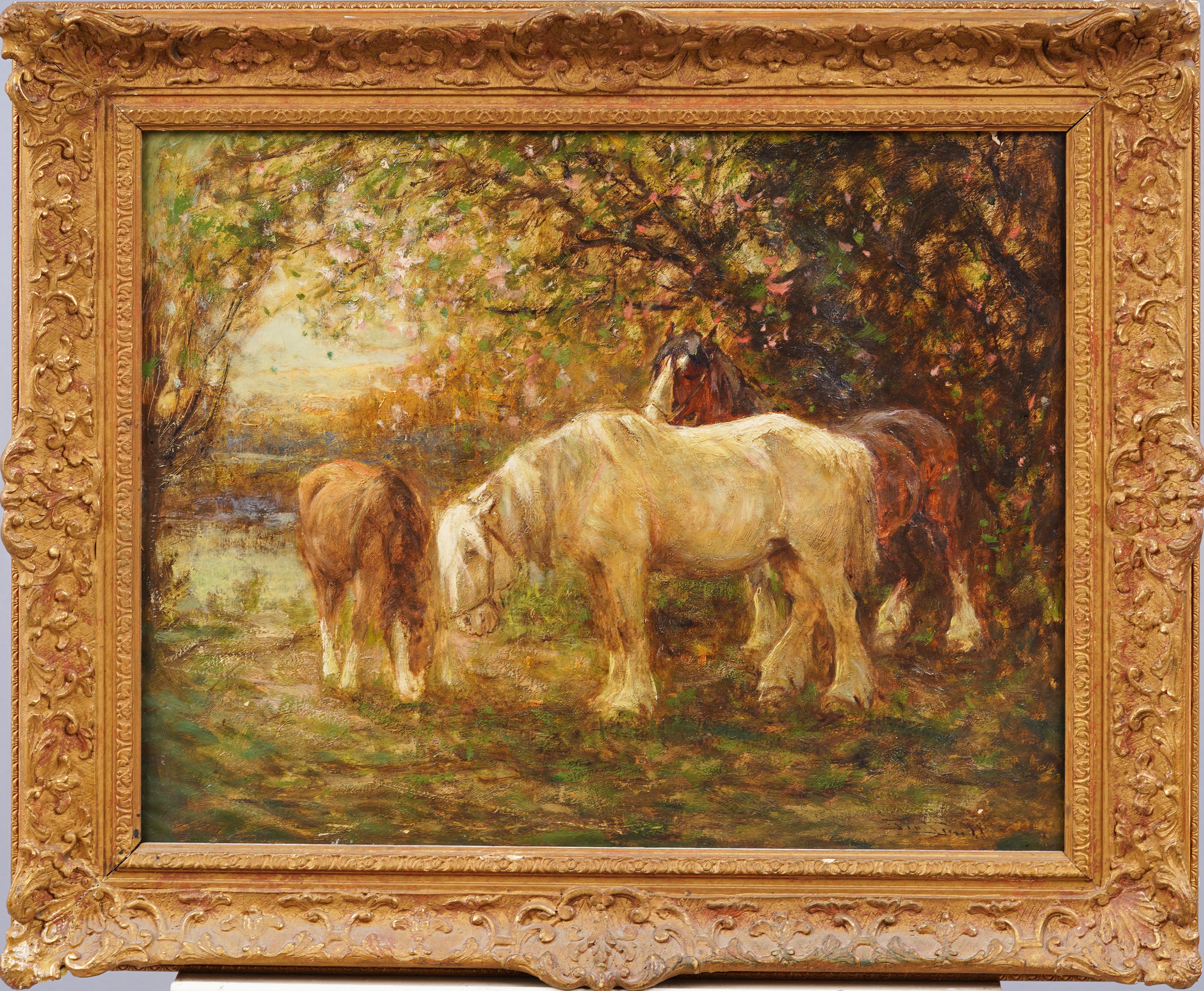 Antique English Wild Horse Grazing 19th Century Landscape Framed Oil Painting