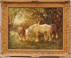 Ancienne peinture à l'huile anglaise du 19ème siècle représentant un paysage encadré de chevaux sauvages Grazant