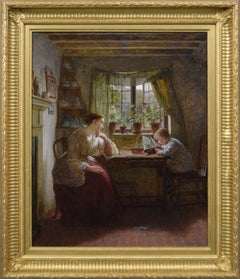 19th Century genre oil painting of a mother & son, exhibited RA