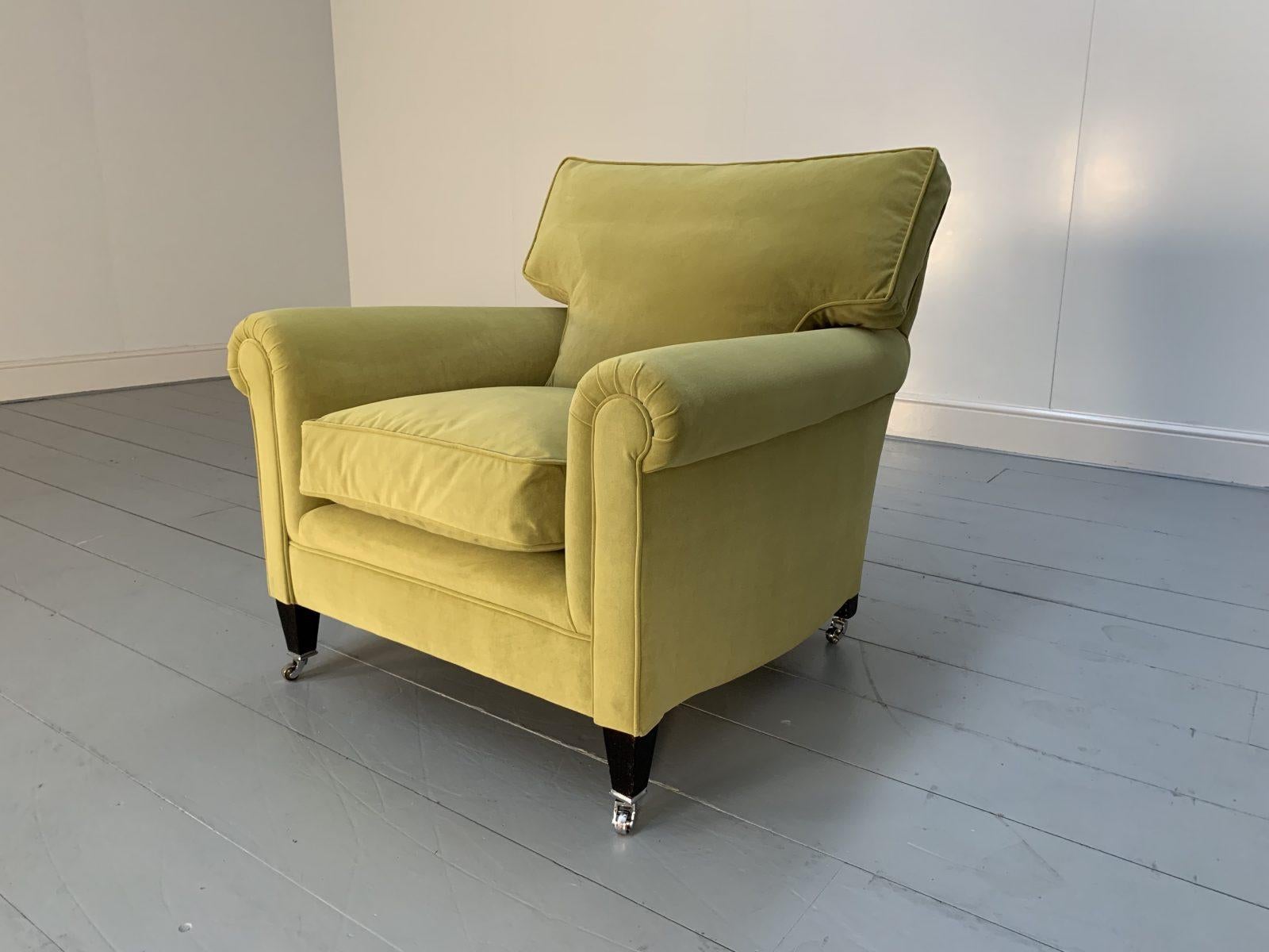 This is a superb, pristine George Smith Signature “Full Scroll-Arm” Large Cushion-Back Armchair, dressed in their peerless, elegant, highly-seductive and sensationally-tactile short-pile Italian-velvet in a vibrant yellow hue.

In a world of