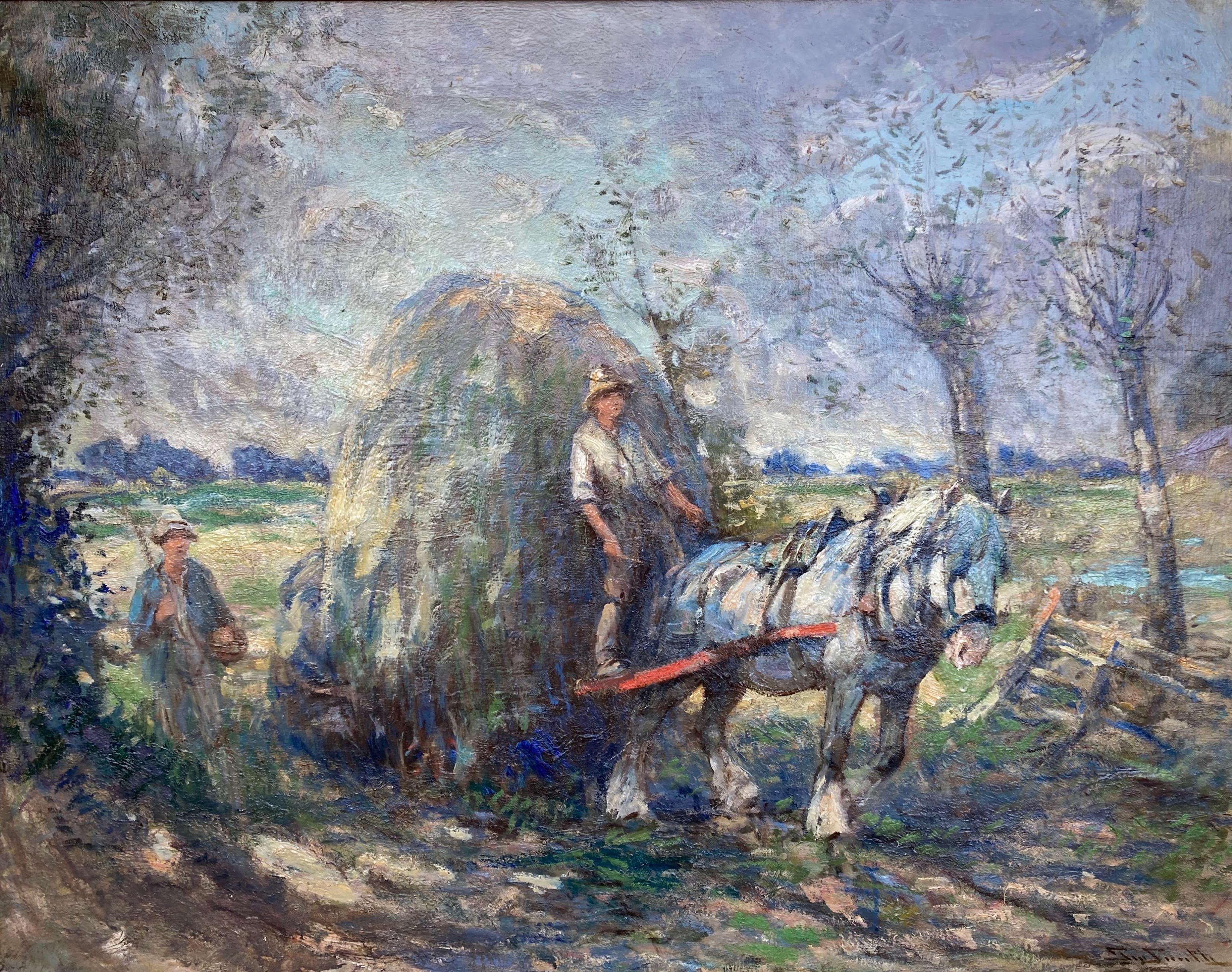 George Smith, Large Scottish Impressionist scene, Heavy horse at harvest time - Gray Figurative Painting by George Smith b.1870