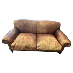 George Smith Bench-Made Distressed Leather Sofa with Down Fill and Brass Casters