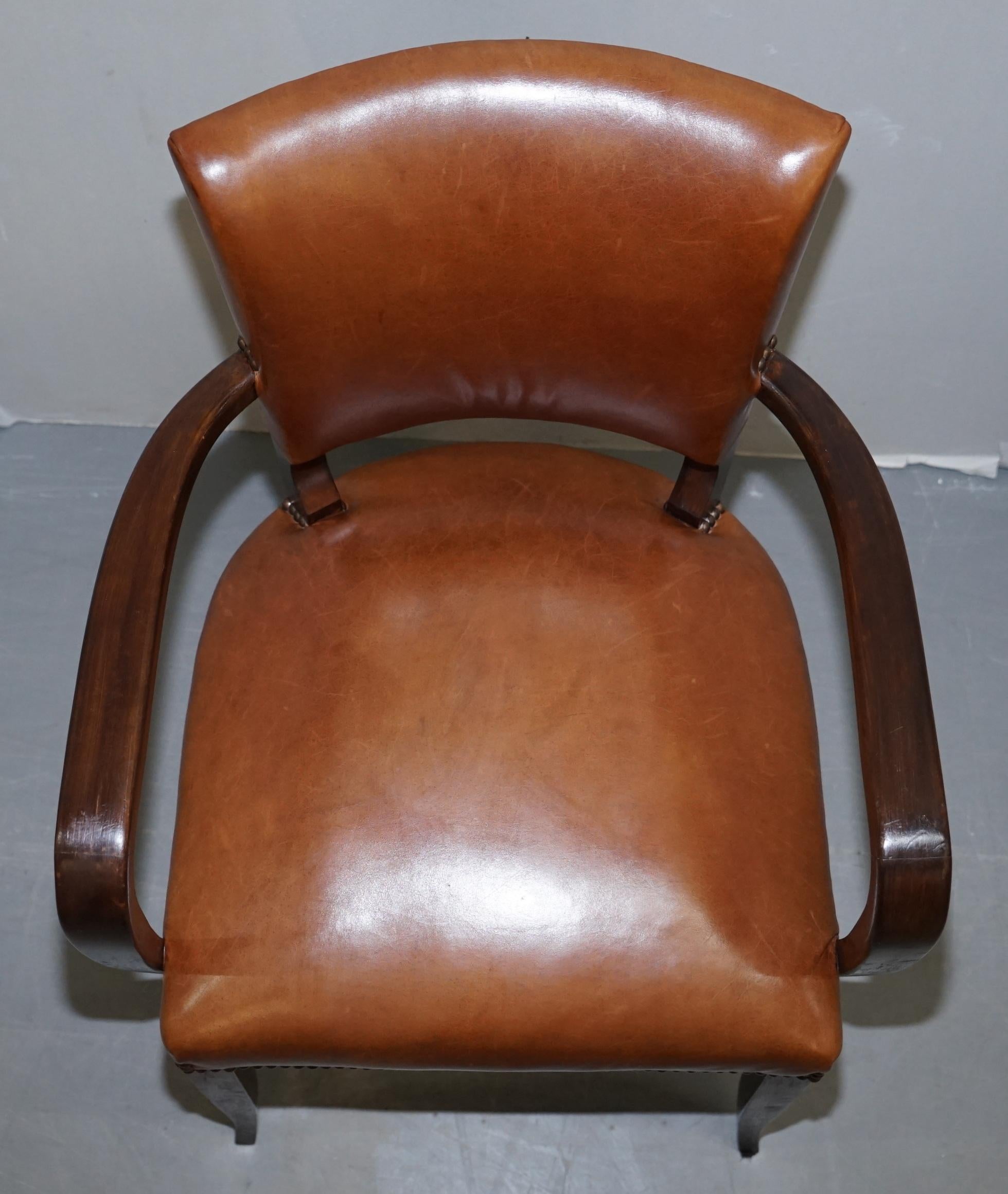 English George Smith Brown Leather & Hardwood Desk Office Bridge Games Armchair or Chair