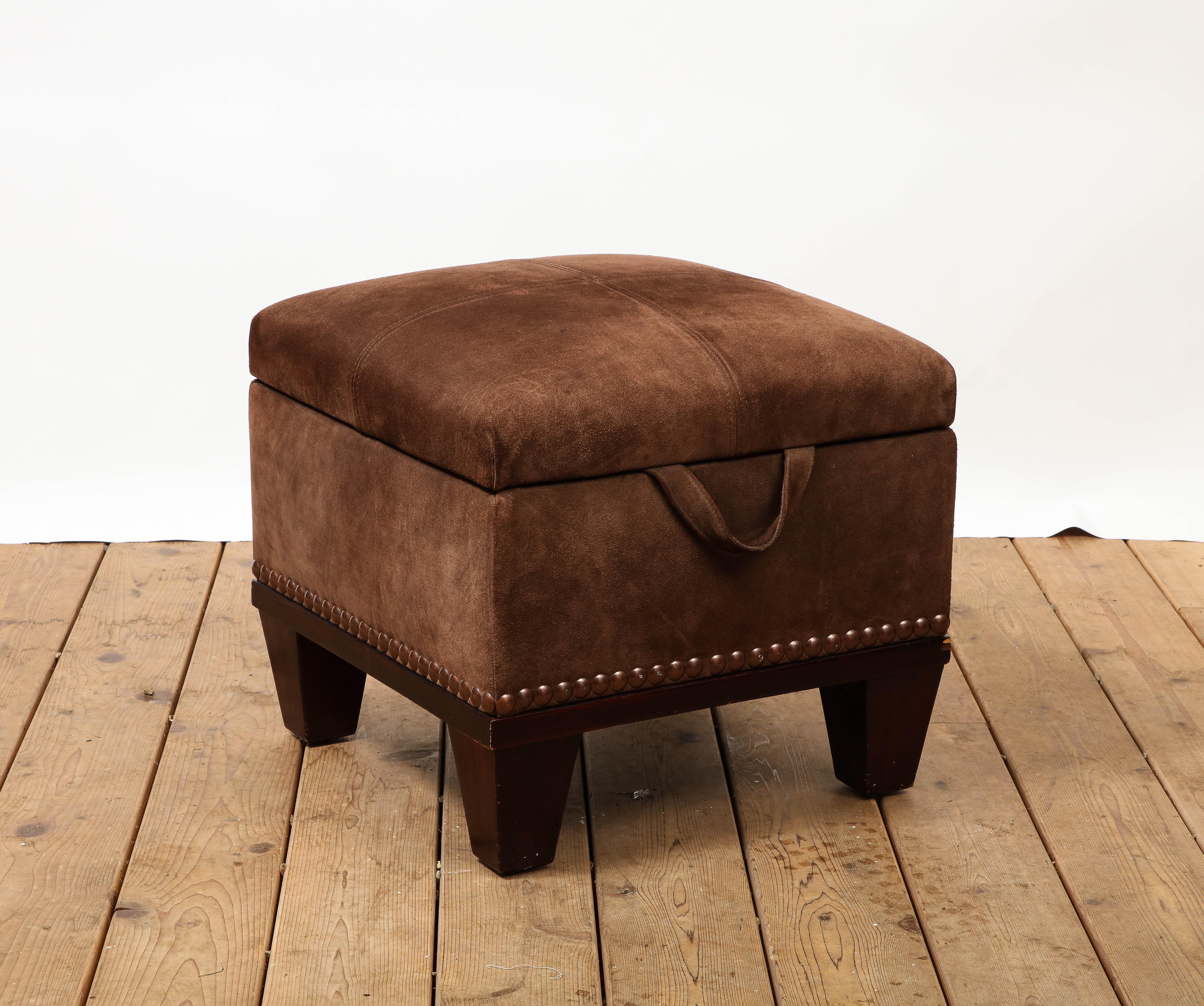 George Smith Baby Moderne Empire Chest in brown suede with French natural nail head detail. Charming foot stool / storage ottoman. 