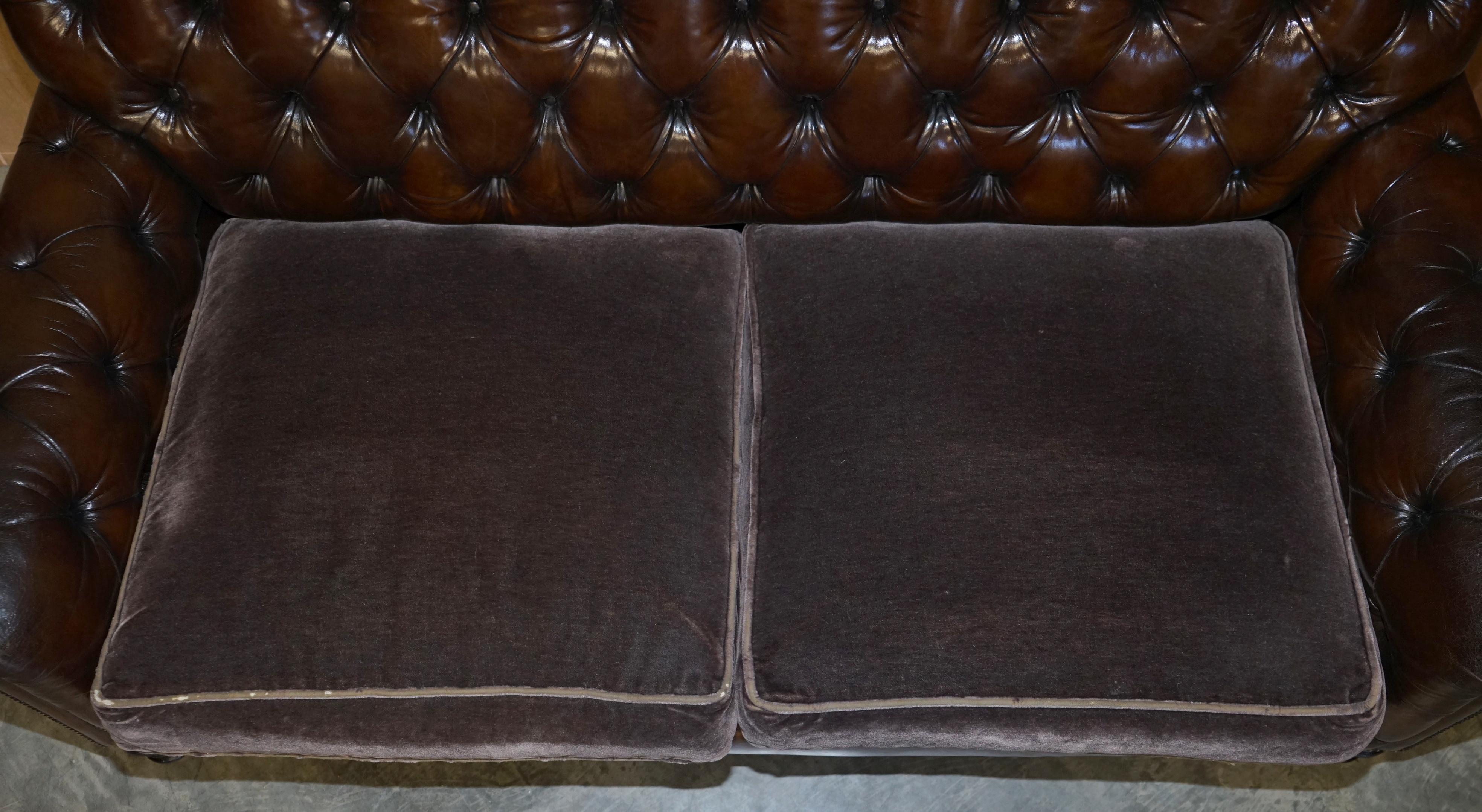 20th Century George Smith Bulgari Restored Hand Dyed Cigar Brown Leather Sofa Velvet Cushions