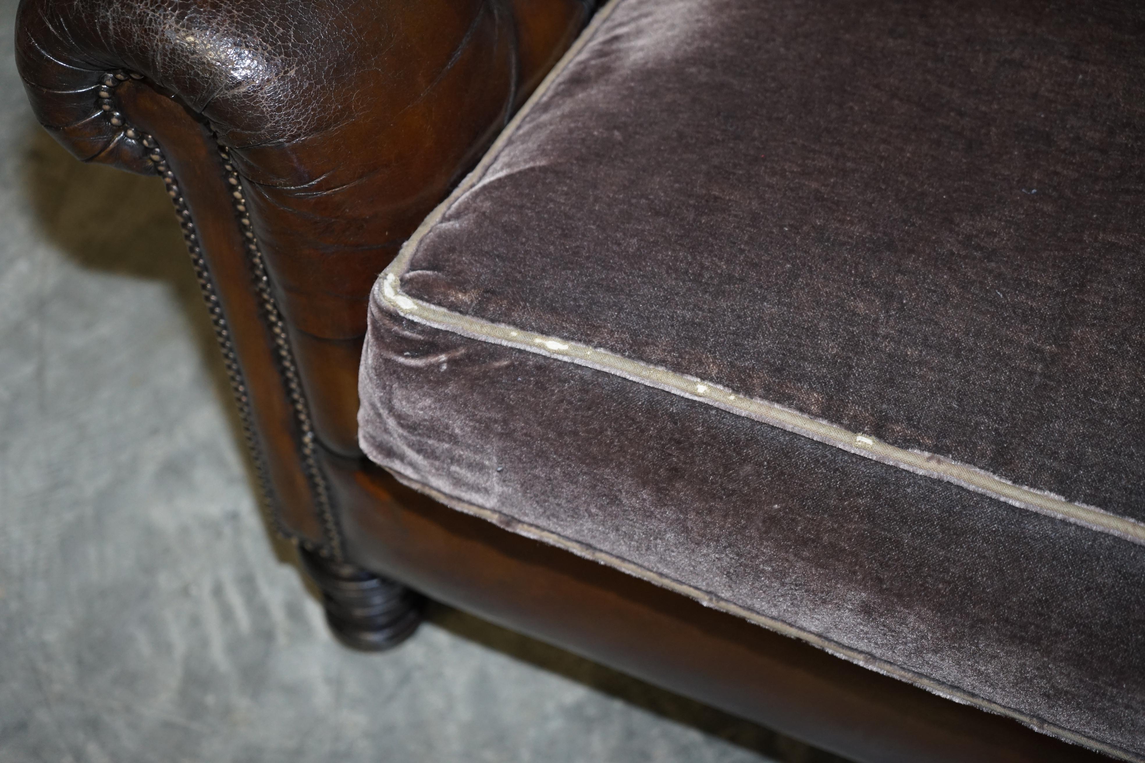 George Smith Bulgari Restored Hand Dyed Cigar Brown Leather Sofa Velvet Cushions 1