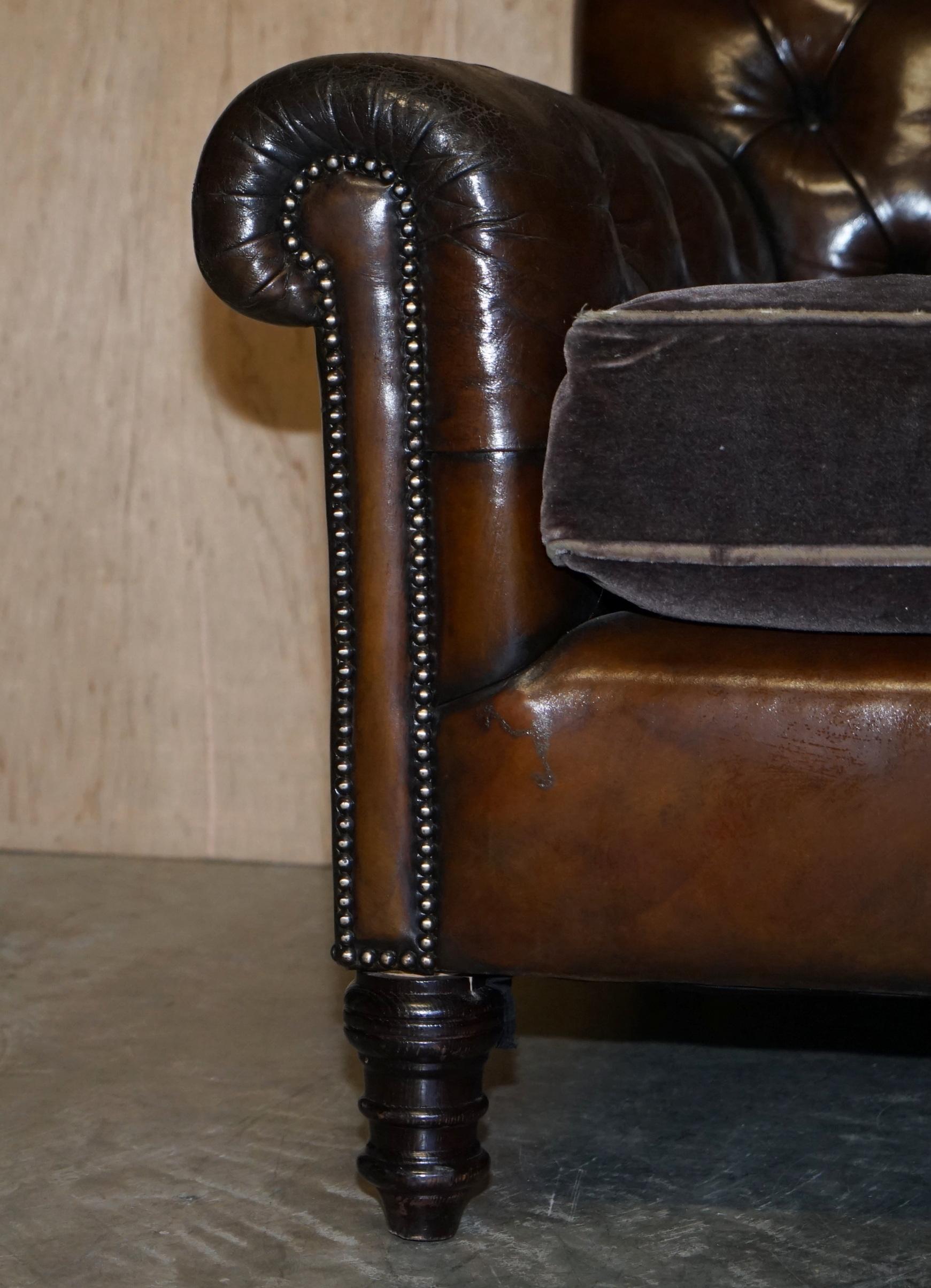 George Smith Bulgari Restored Hand Dyed Cigar Brown Leather Sofa Velvet Cushions 2