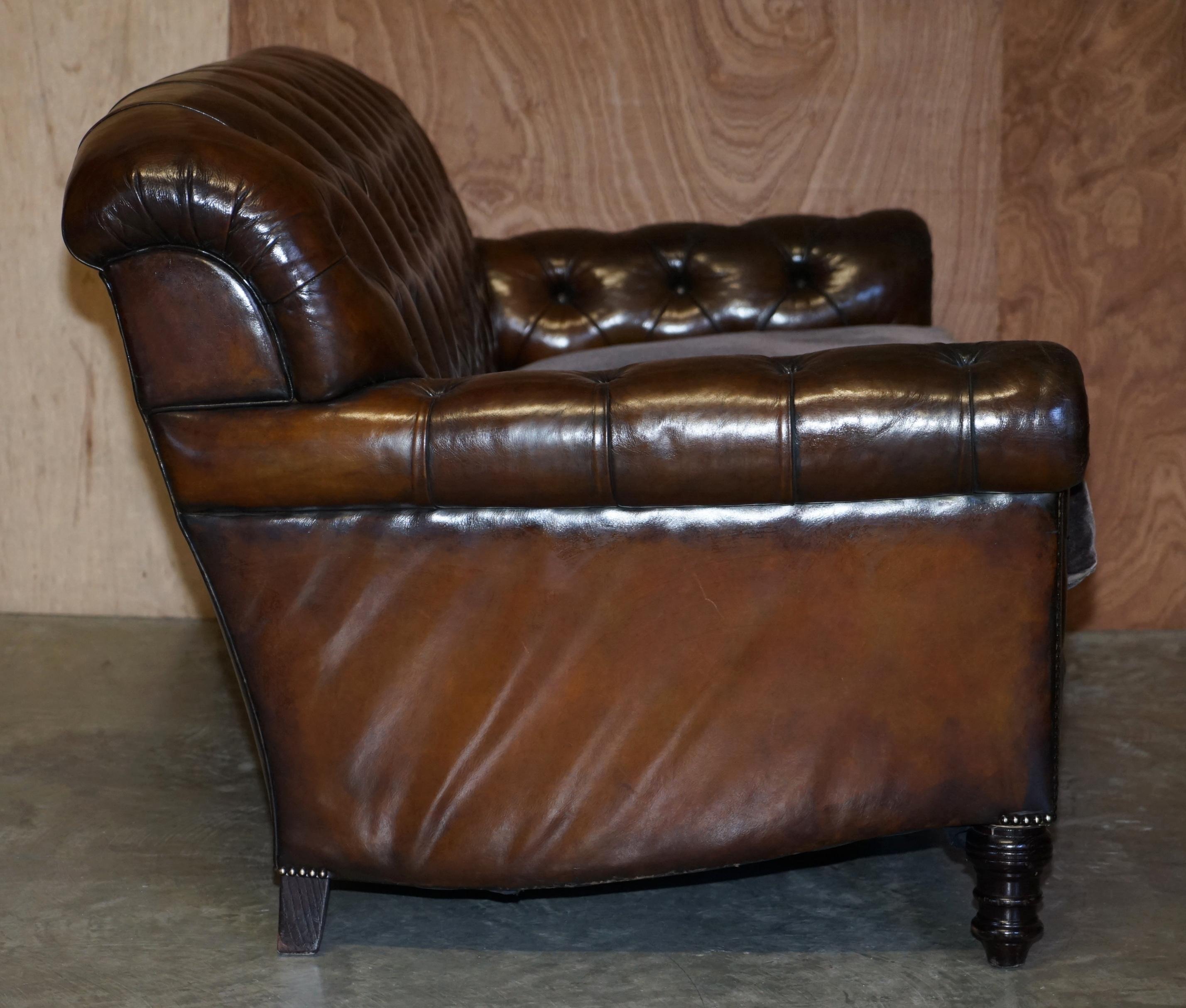 George Smith Bulgari Restored Hand Dyed Cigar Brown Leather Sofa Velvet Cushions 4