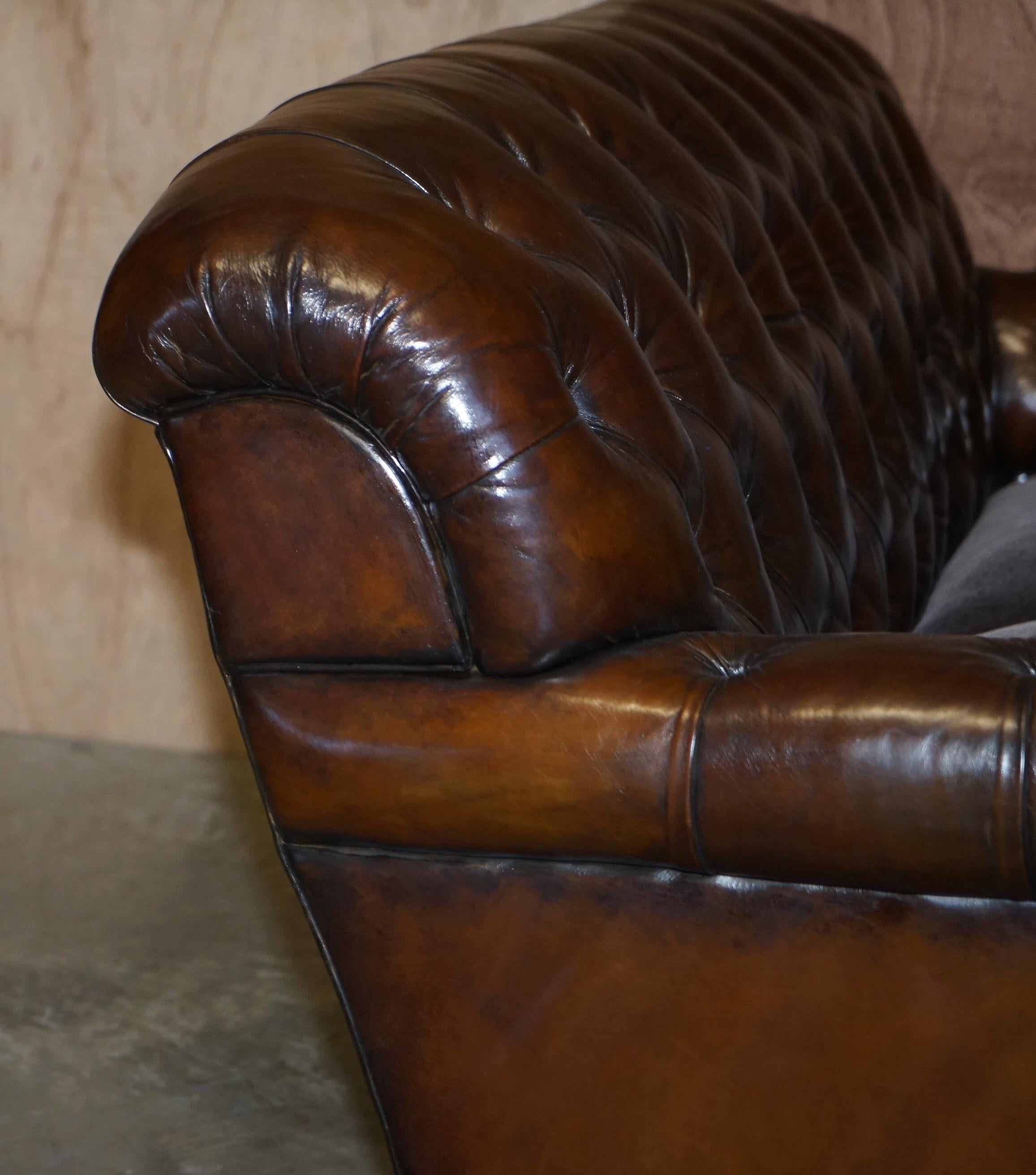 George Smith Bulgari Restored Hand Dyed Cigar Brown Leather Sofa Velvet Cushions 5