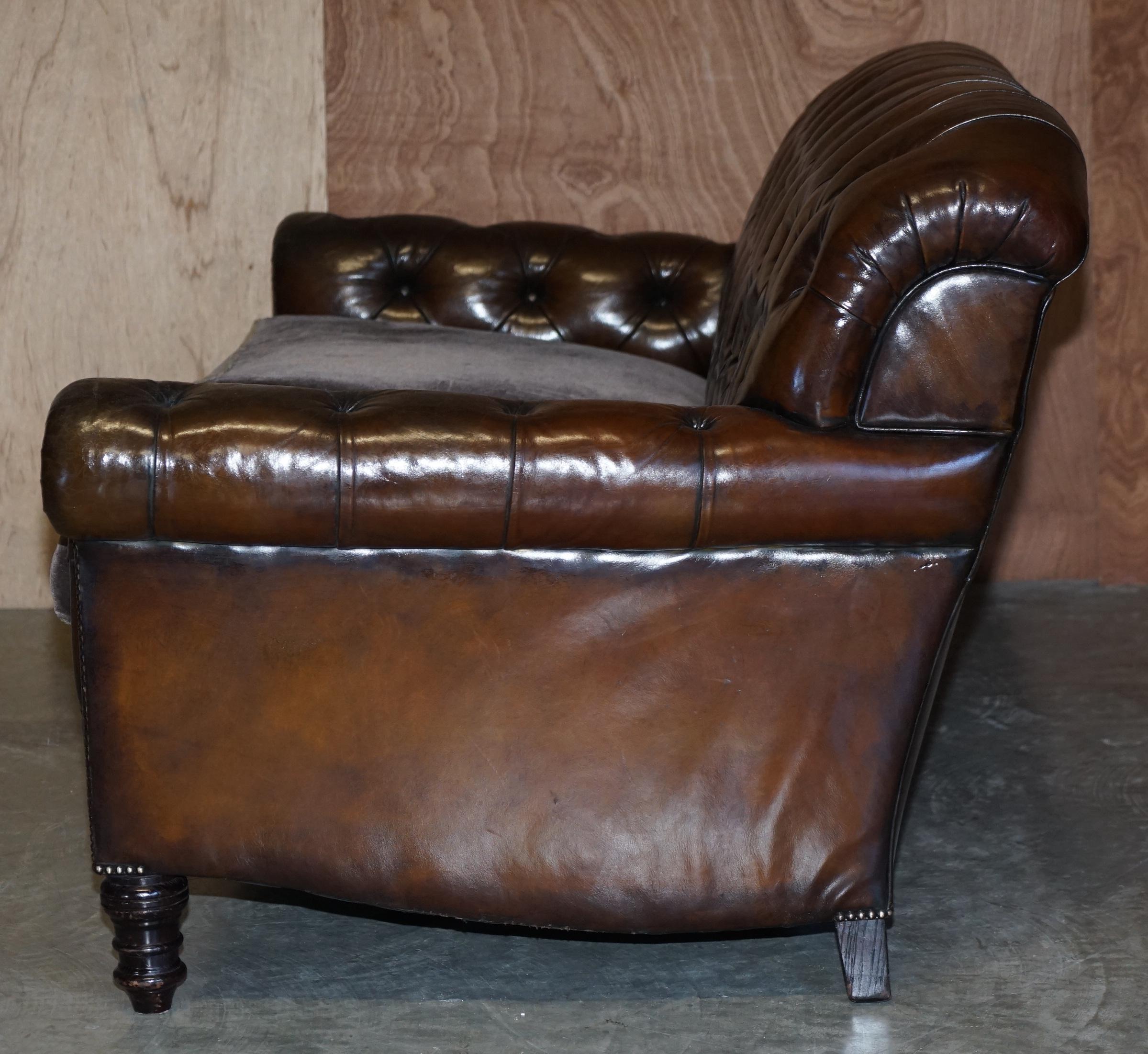 George Smith Bulgari Restored Hand Dyed Cigar Brown Leather Sofa Velvet Cushions 7