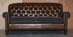 George Smith Bulgari Restored Hand Dyed Cigar Brown Leather Sofa Velvet Cushions