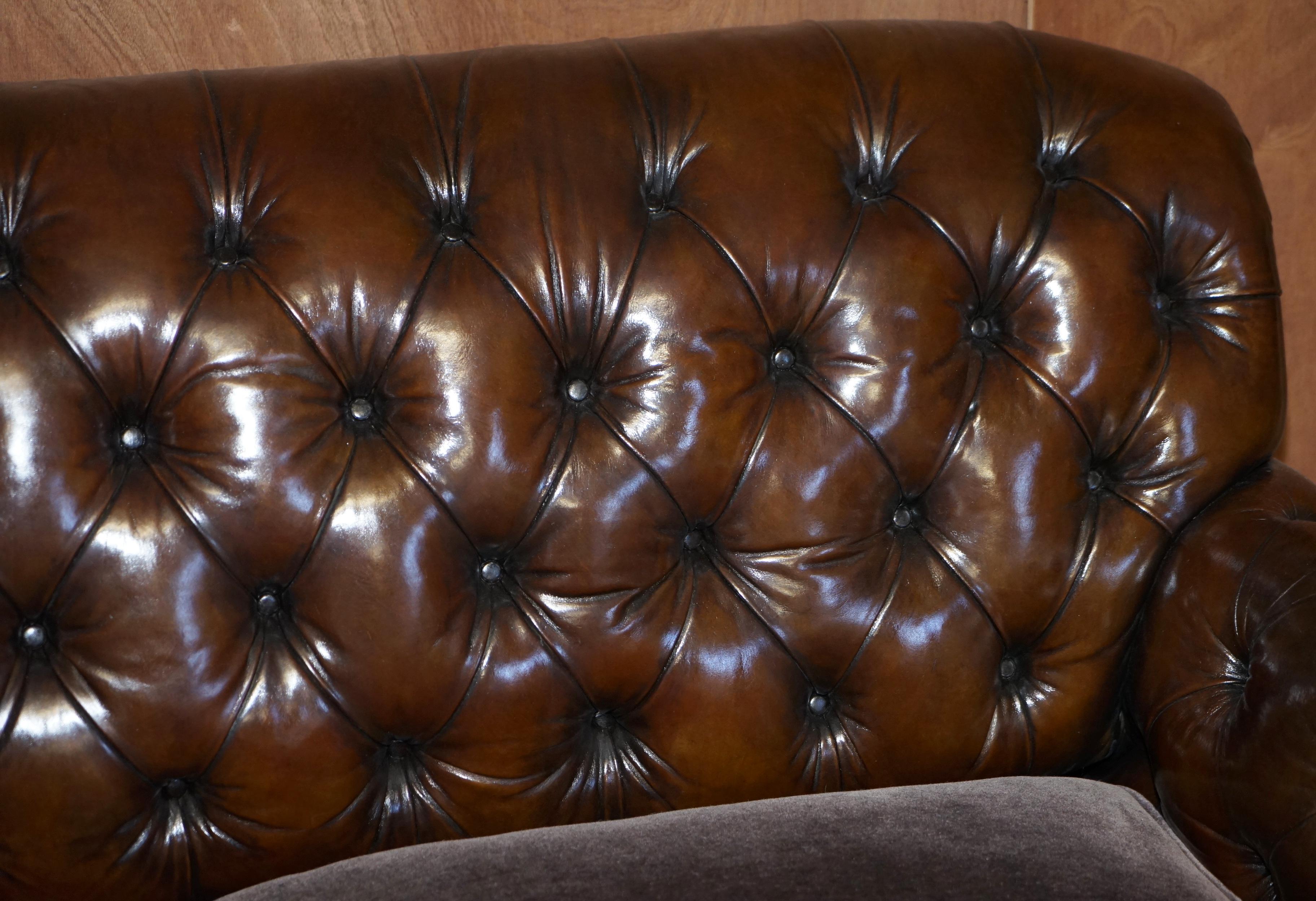 Chesterfield George Smith Bulgari Restored Hand Dyed Cigar Brown Leather Sofa Velvet Cushions