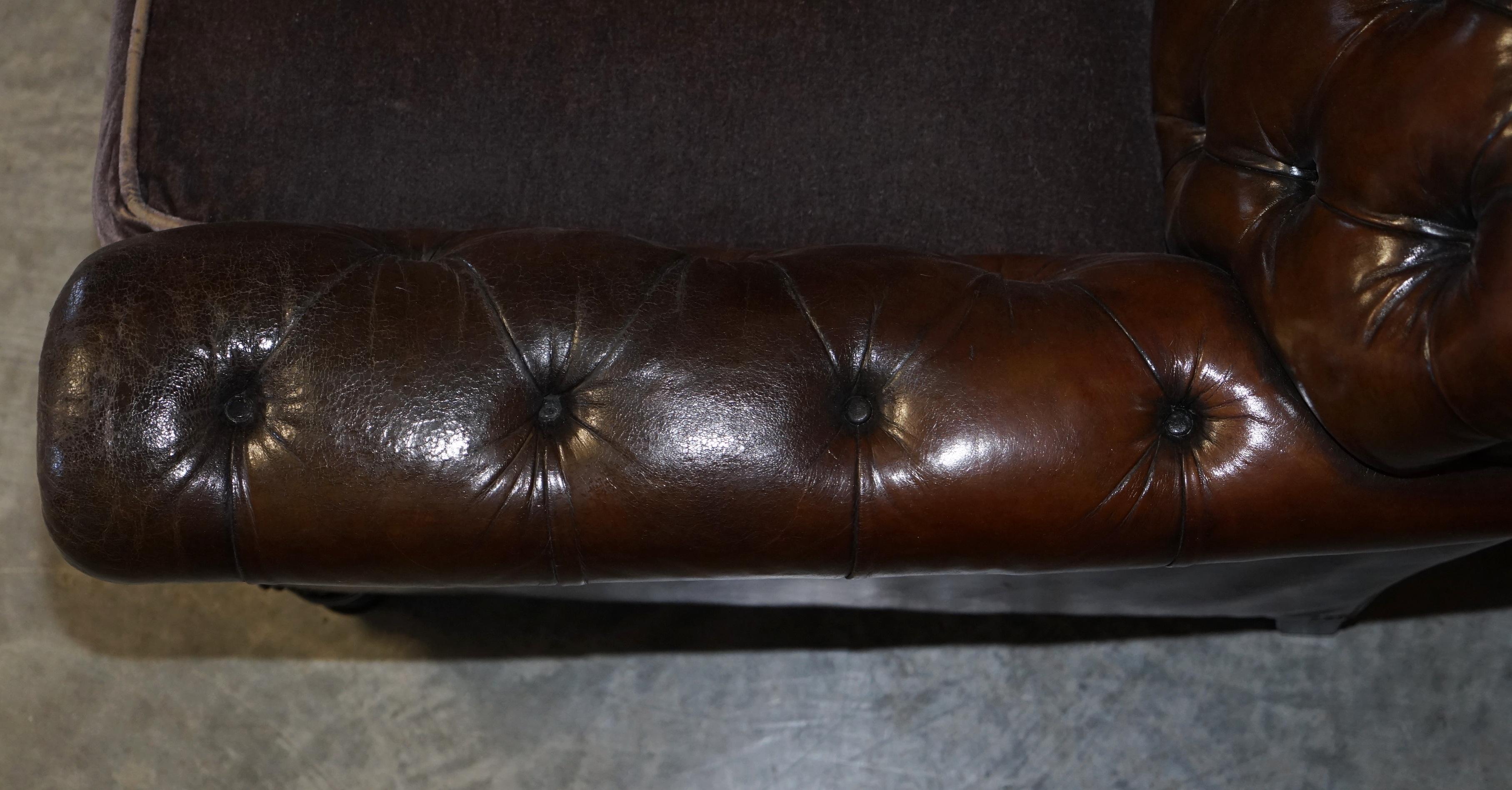 English George Smith Bulgari Restored Hand Dyed Cigar Brown Leather Sofa Velvet Cushions