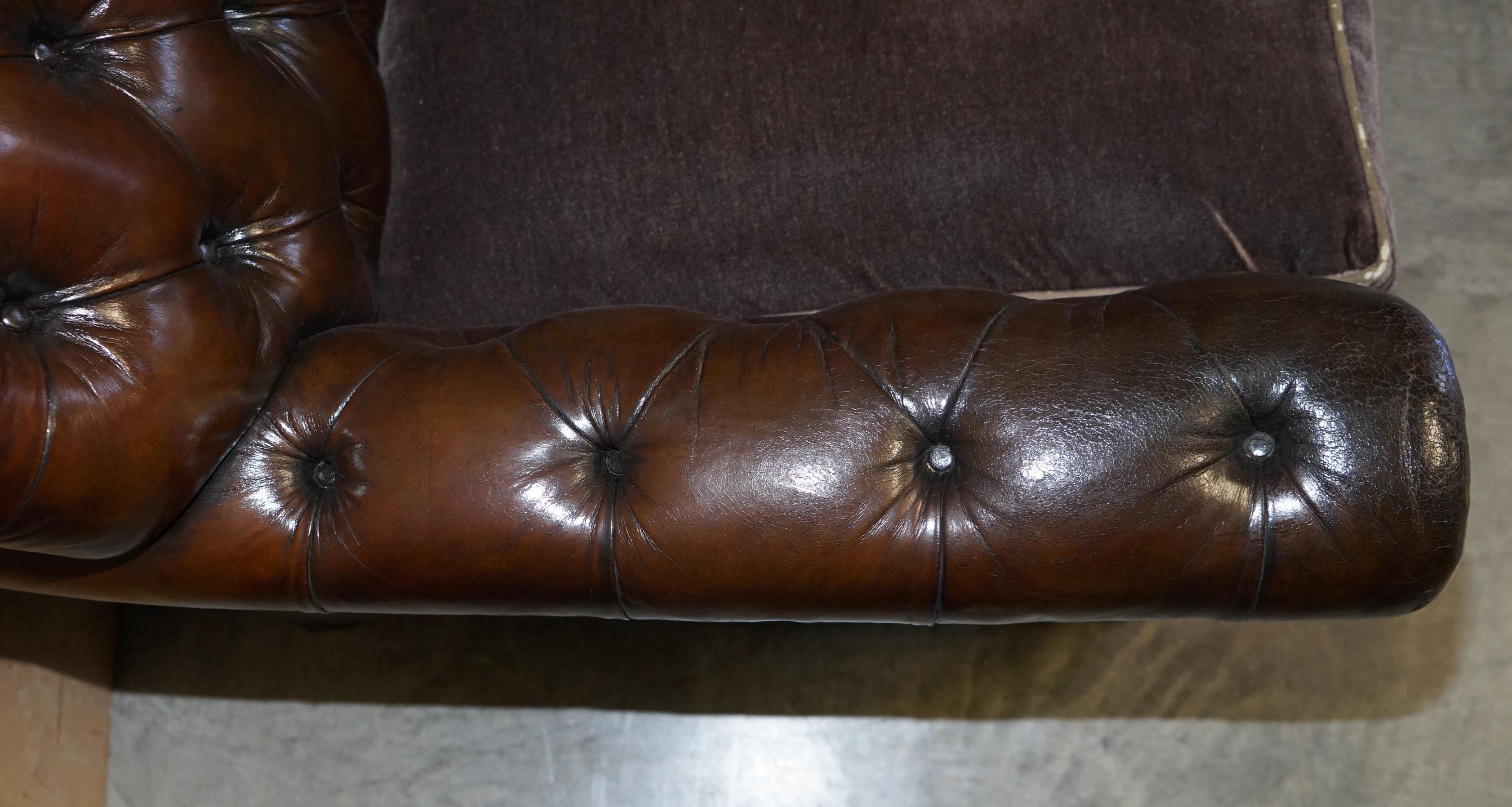 Hand-Crafted George Smith Bulgari Restored Hand Dyed Cigar Brown Leather Sofa Velvet Cushions
