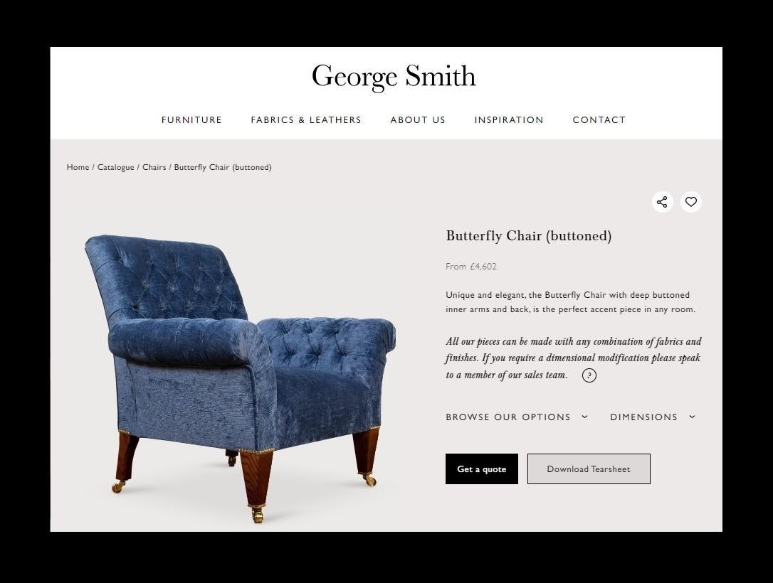 Royal House Antiques

Royal House Antiques a le plaisir de proposer à la vente ce superbe fauteuil Butterfly de George Smith Chelsea, tapissé d'un tissu gris violet et d'un lin avoine. Prix de vente conseillé : 7 000 £.

Veuillez noter que les frais