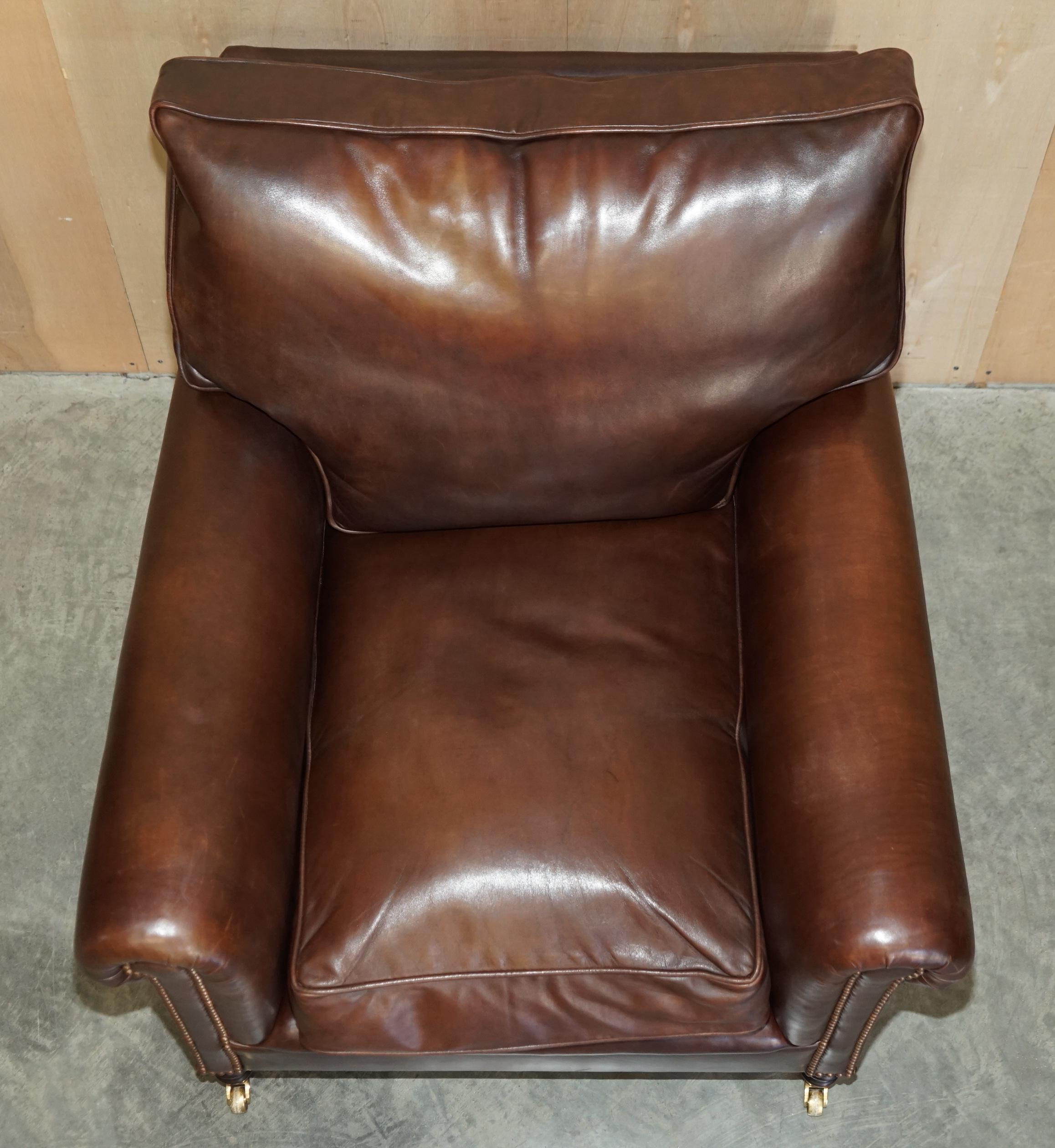 George Smith Chelsea Signature Full Scroll Arm Brown Leather Armchair & Ottoman For Sale 3