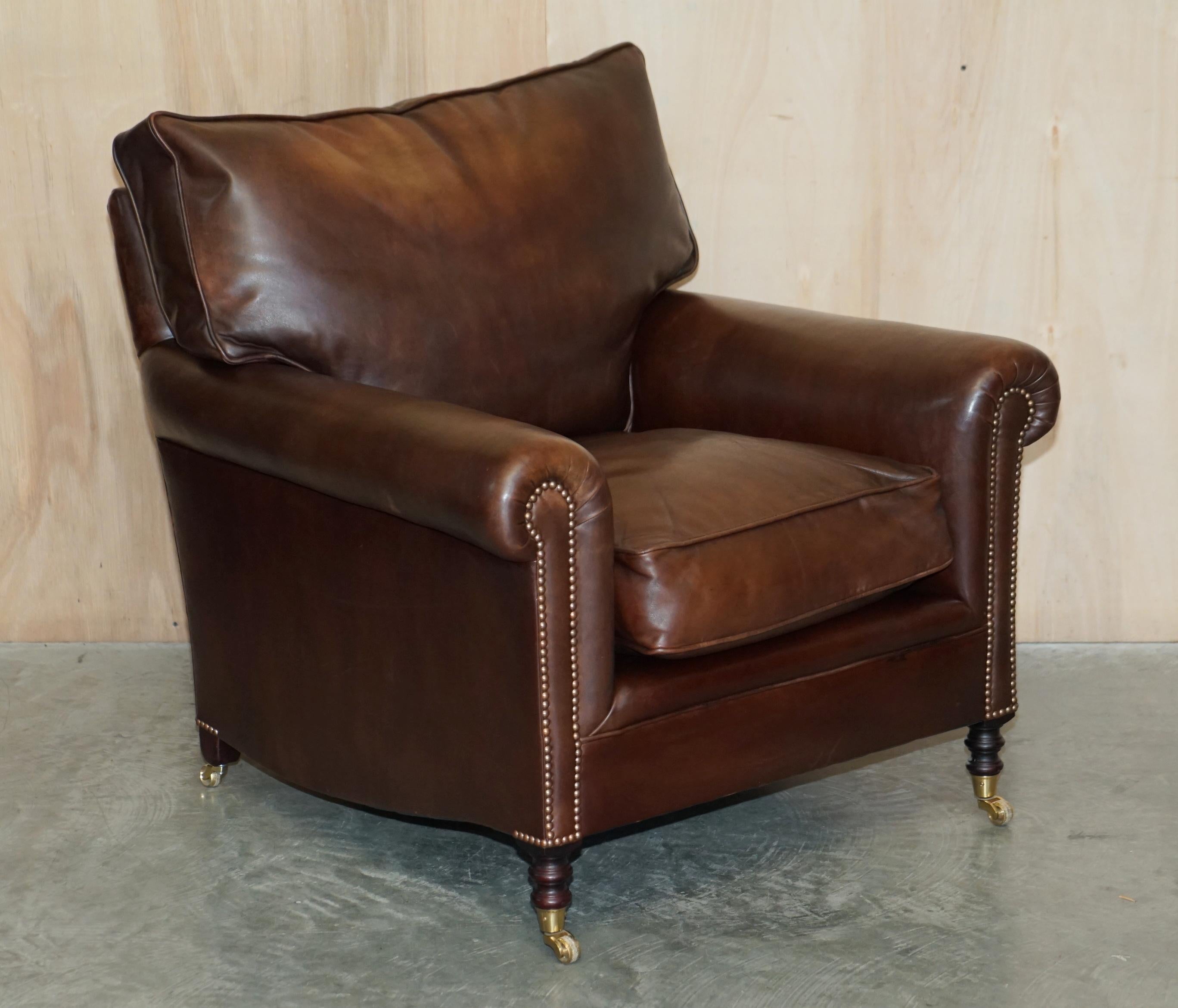 We are delighted to offer for sale this absolutely stunning, hand dyed saddle brown leather George Smith Chelsea, Signature full scroll arm armchair with matching run up large ottoman, both with feather filled cushions

A very well made,