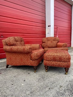 George Smith Damask Down Velvet Castors Armchairs & Ottoman, Set of 3