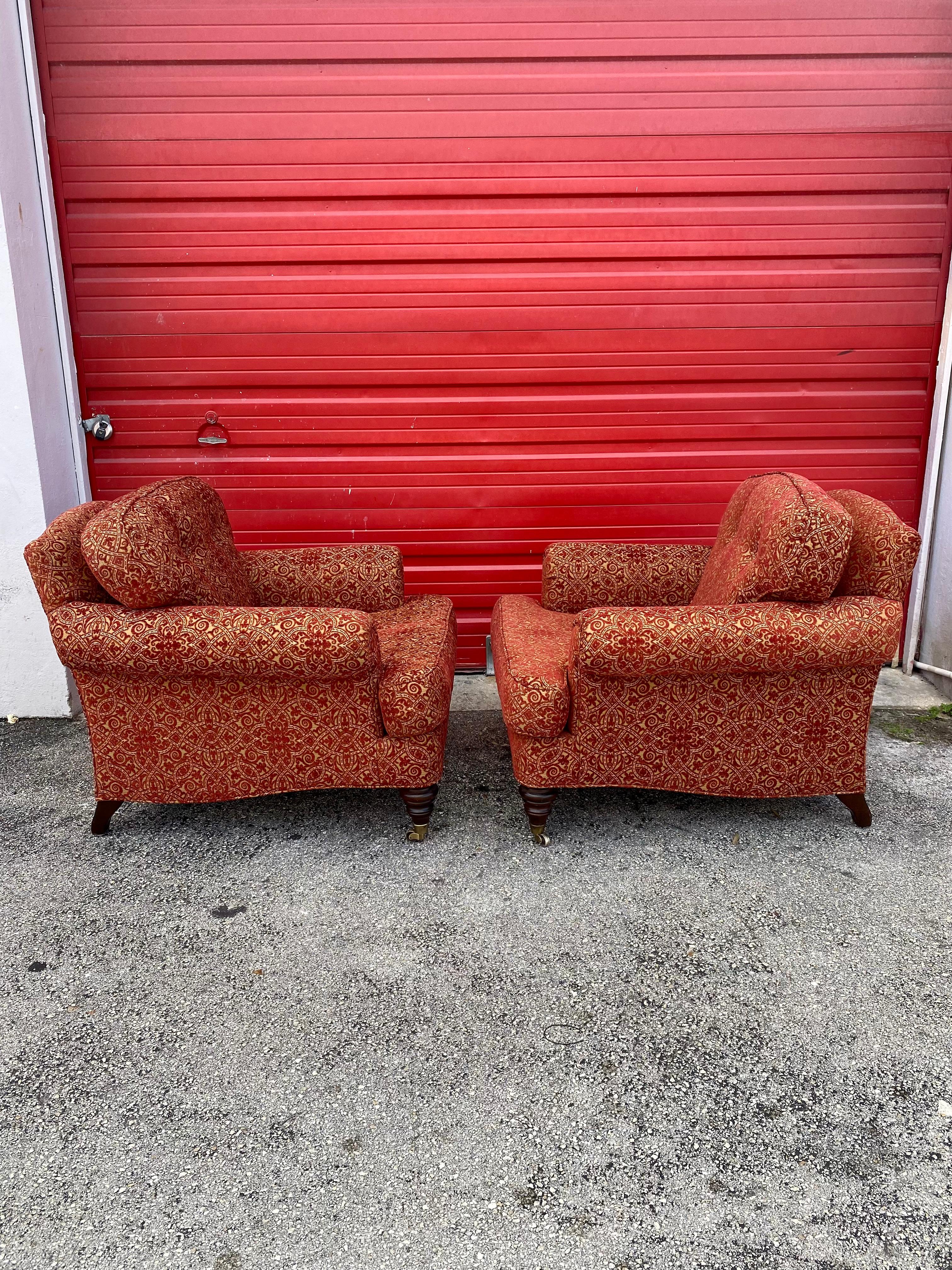 George Smith Damask Down Velvet Castors Armchairs & Ottoman, Set of 3 In Excellent Condition For Sale In Fort Lauderdale, FL