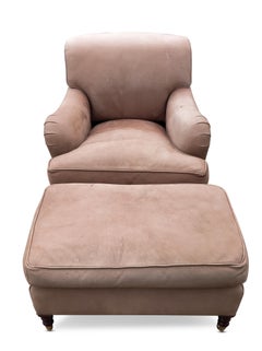George Smith Distressed Light Beige Leather Armchair Club Chair with Ottoman