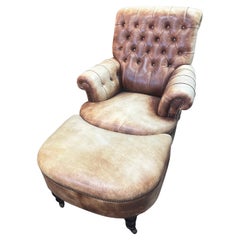 George Smith England Tufted Leather Armchair & Ottoman with Brass Casters
