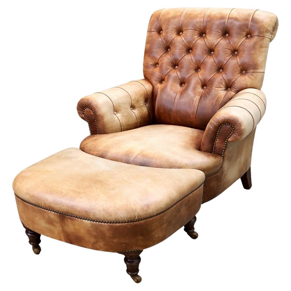George Smith England Tufted Leather Armchair & Ottoman with Brass Casters